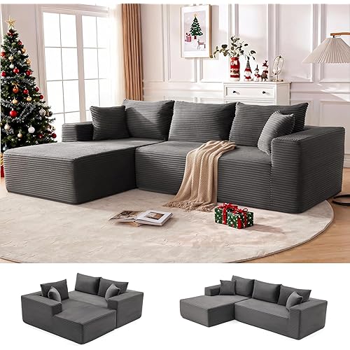 110” Cloud Sectional Couch, Boneless Sofa for Living Room, Modular Sectional Sofa with Deep Seat, Comfy Fluffy Couch with L-Shaped Chaise, No Assembly Required (Left-Facing Chaise, Dark Grey)