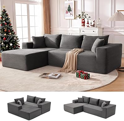 110” Cloud Sectional Couch, Boneless Sofa for Living Room, Modular Sectional Sofa with Deep Seat, Comfy Fluffy Couch with L-Shaped Chaise, No Assembly Required (Left-Facing Chaise, Dark Grey)