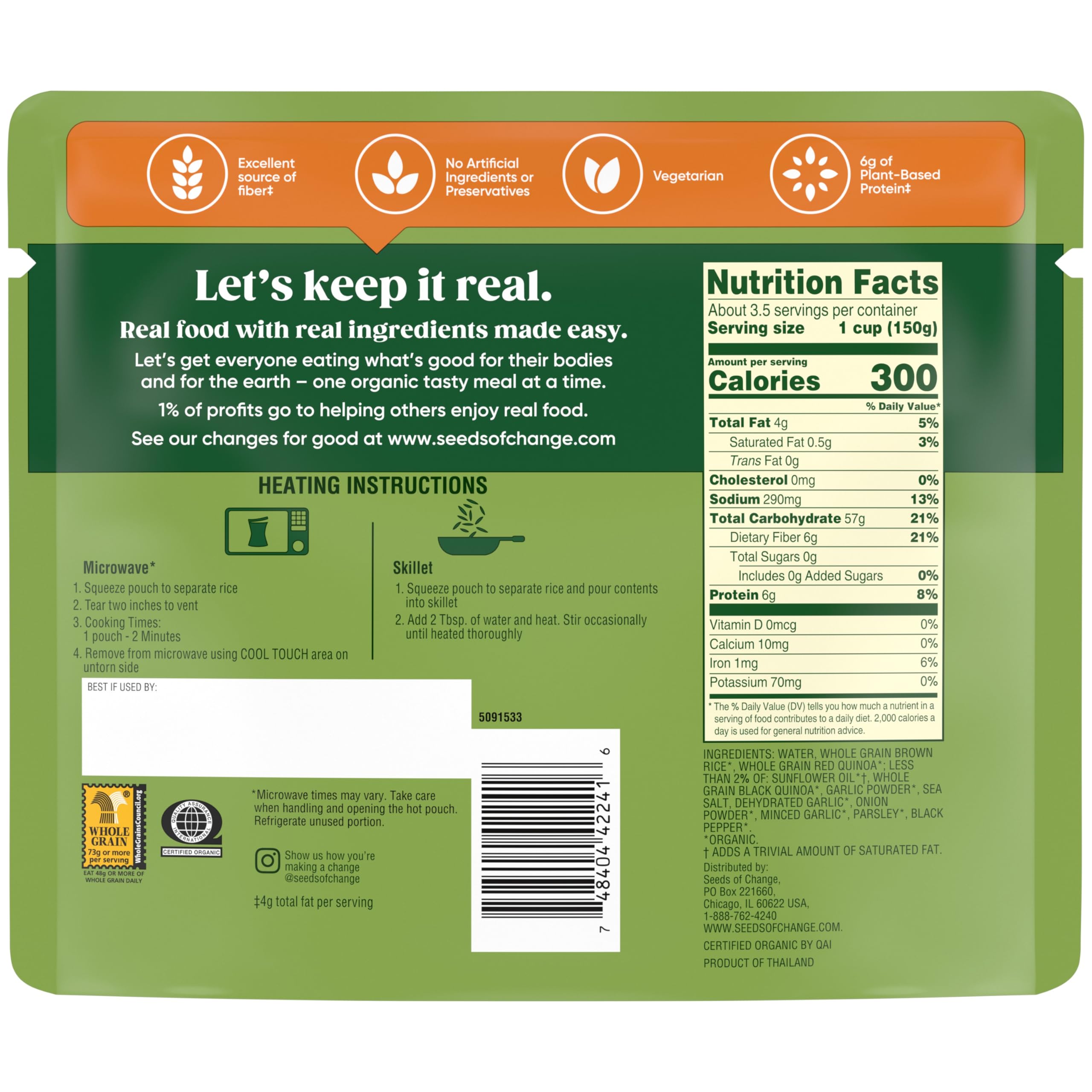 SEEDS OF CHANGE Organic Quinoa & Brown Rice with Garlic Family Size, Organic Food, 17.3 oz Pouch (Pack of 6)