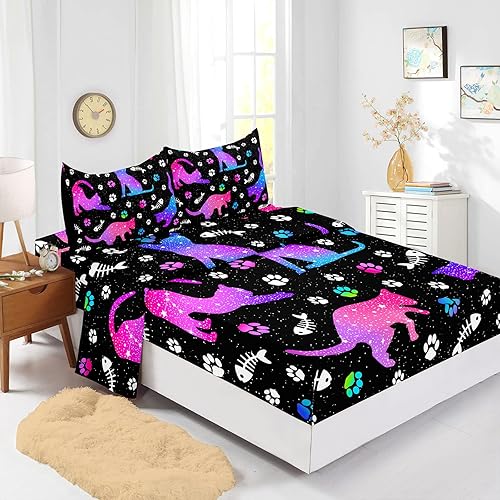 BailiPromise Juego de sábanas de gato estrellado para niños y niñas, juego de ropa de cama de gato morado, sábanas de tamaño matrimonial, sábanas