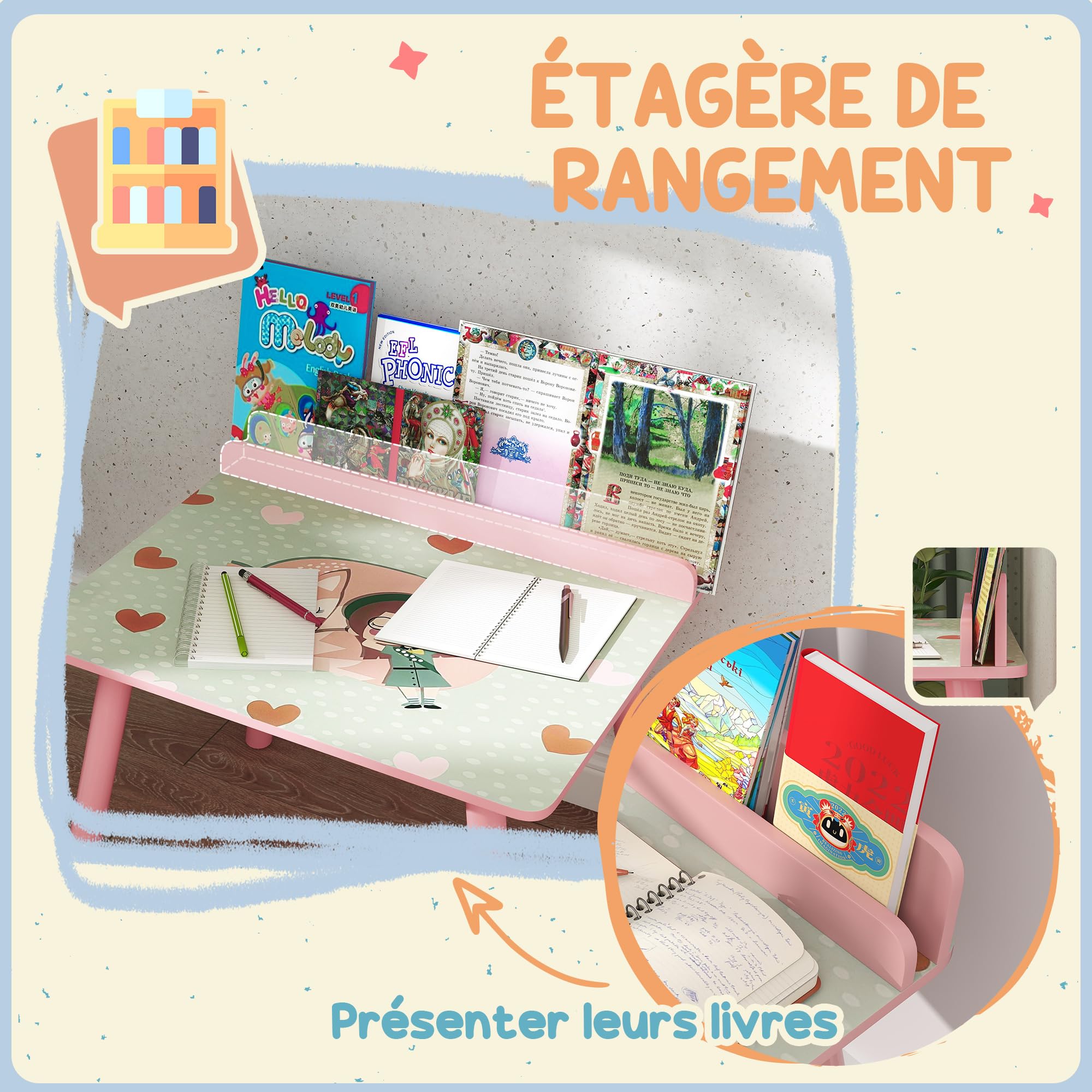 AIYAPLAY Ensemble Table et Chaise Enfant Table pour Enfant avec Chaise avec Porte-Livres Motifs d'ours pour Enfants 3-8 Ans pour Chambre à Coucher, Salon, Salle de Classe, Rose