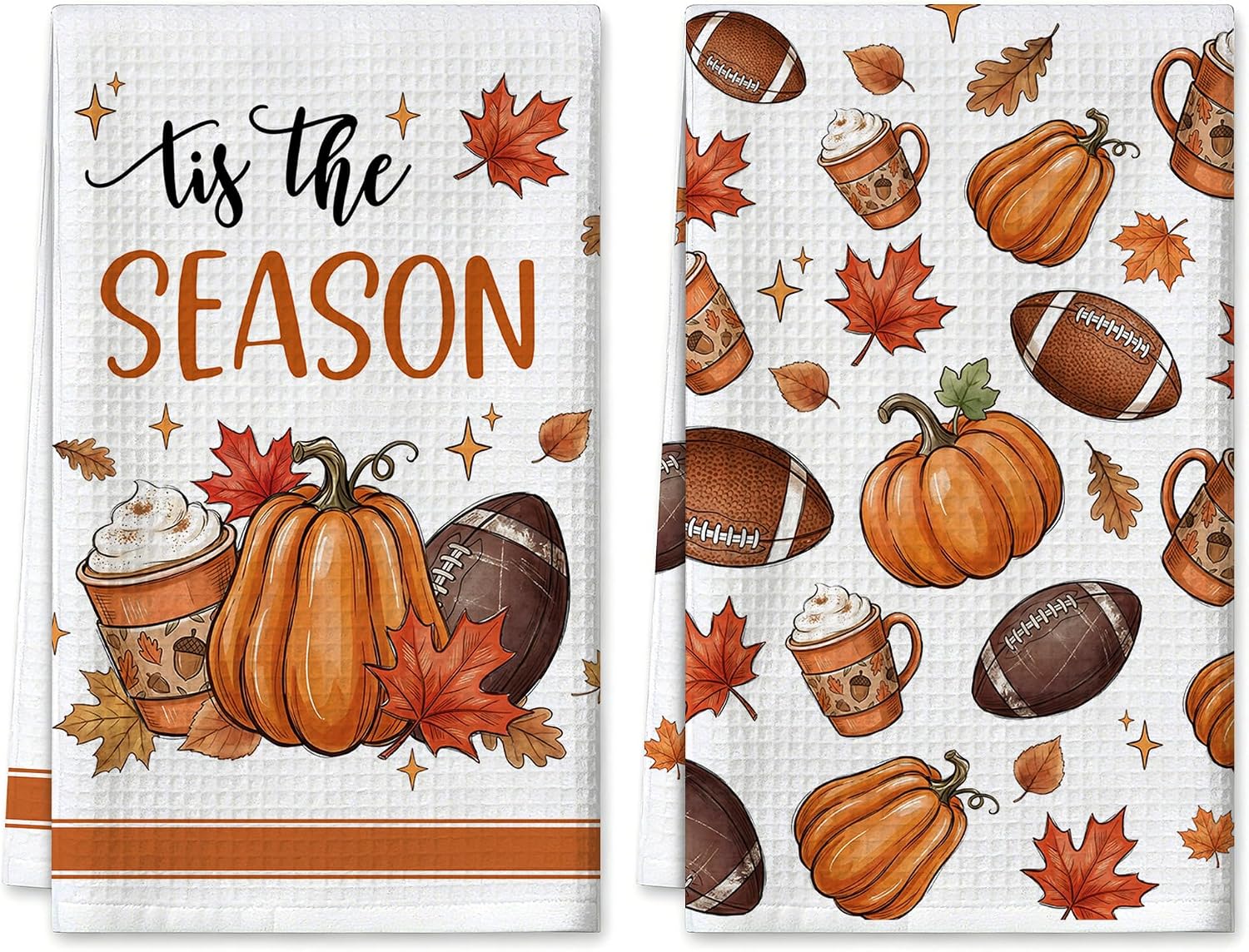 Fall Kitchen Towels - Football and Pumpkins Waffle Kitchen Decor