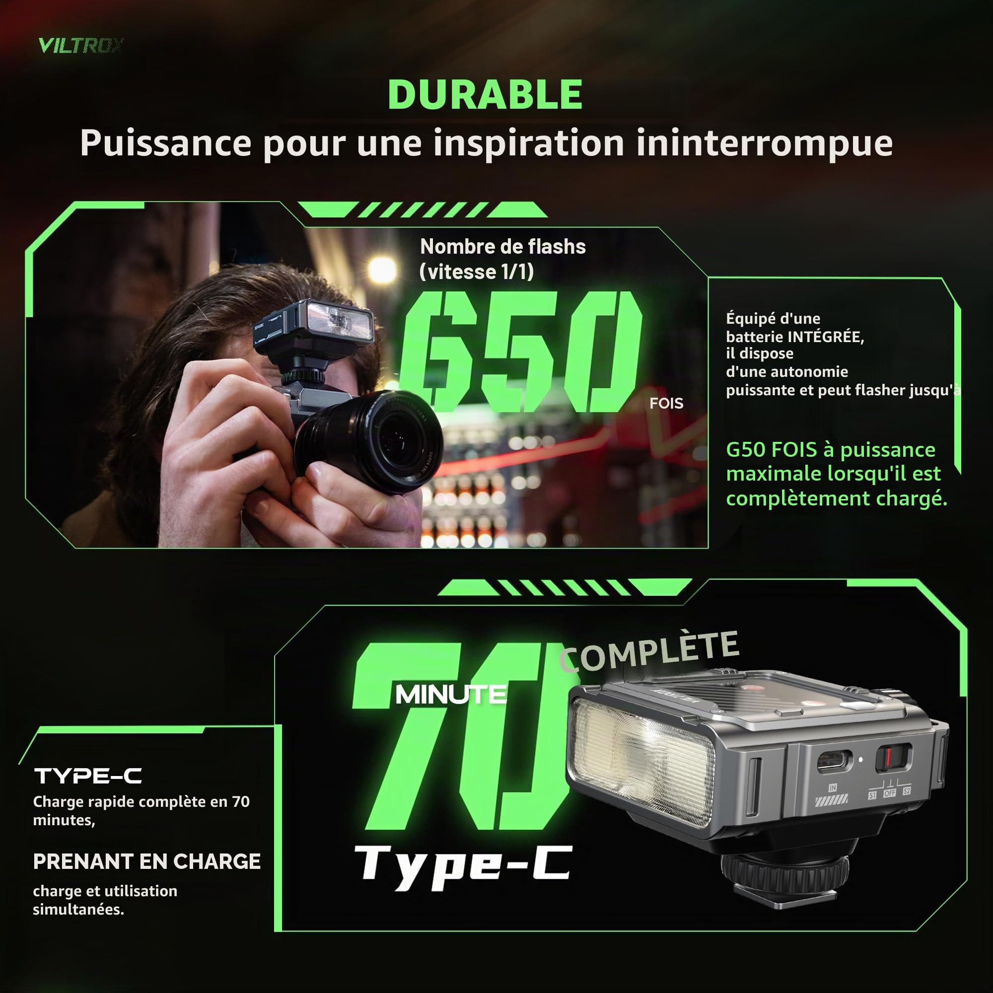 VILTROX Spark Z3 TTL Flash sur appareil photo 26Ws 7 niveaux 1s recyclage GN16 Cyber Mech Design Mini Flash (Gris, pour Nikon)
