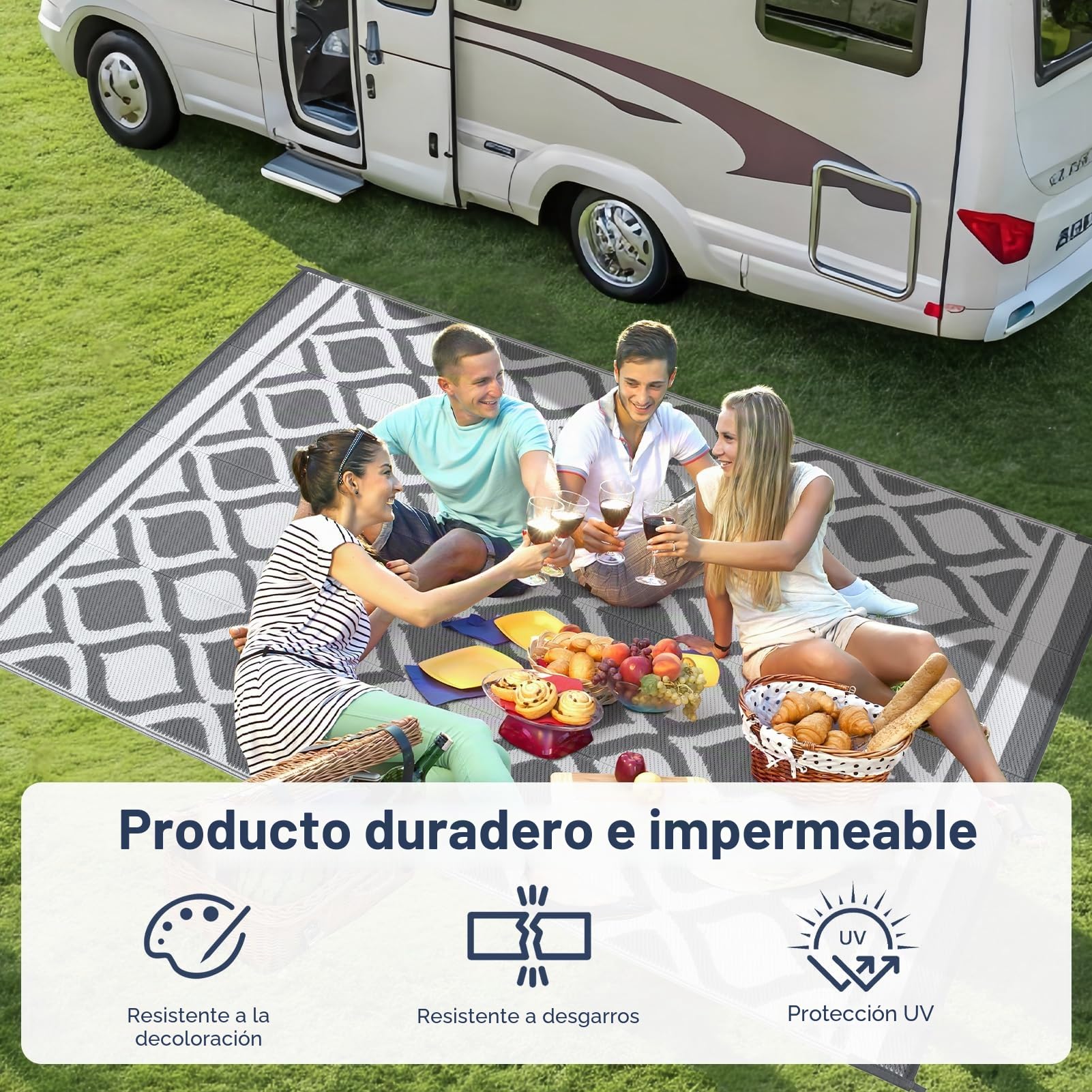 VK·LIVING Alfombra Exterior 120X180cm Impermeable Reversible Duradera & UV Resistente Moderna Portátil Ligera para Alfombra de Exterior Balcón Camping Patio RV Gris&Blanco