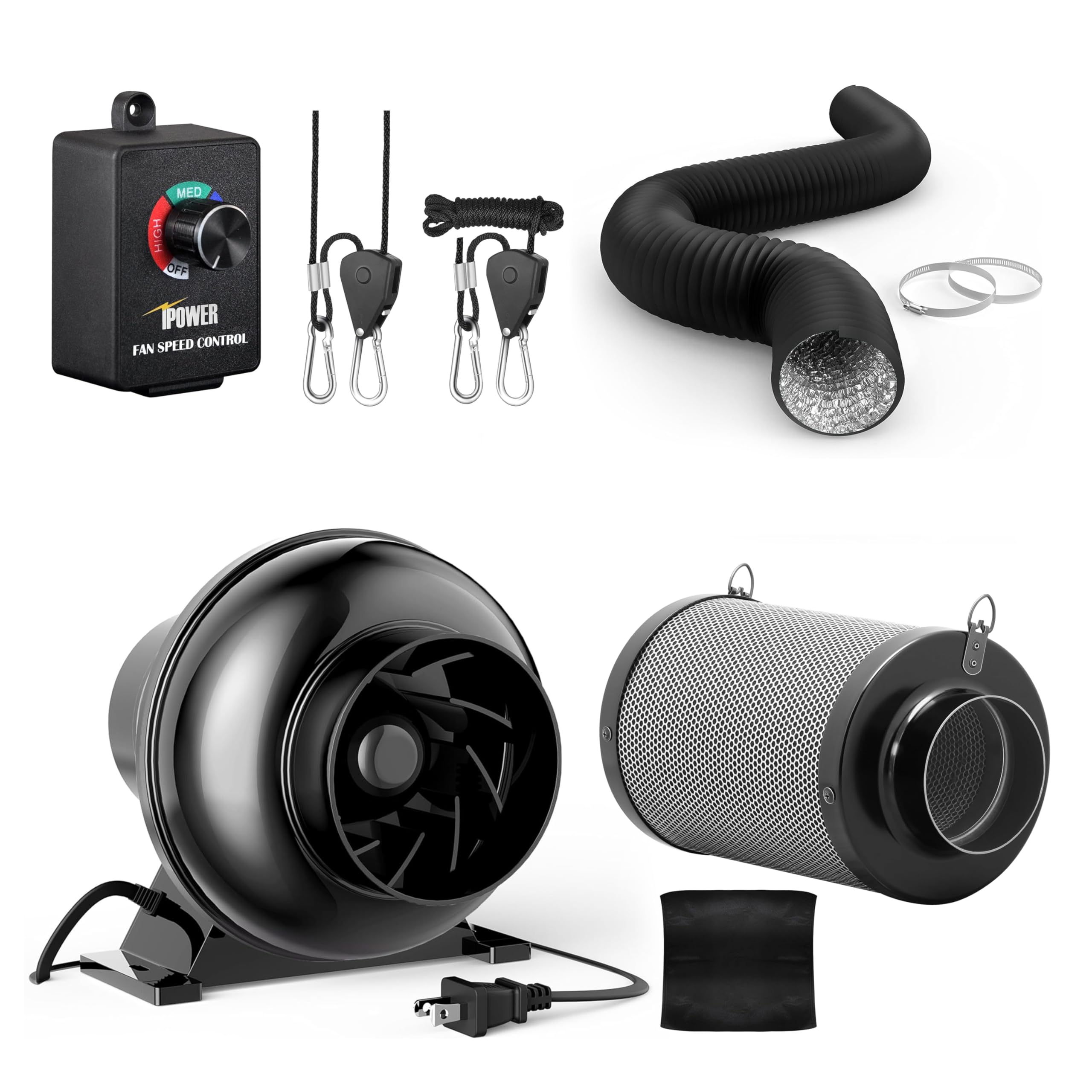 iPower 4 Inch Inline Fan, Air Carbon Filter, 8 Feet Black Ducting, Speed Controller, Rope Hanger for Grow Tent, Greenhouse, Basement, Attic, Black