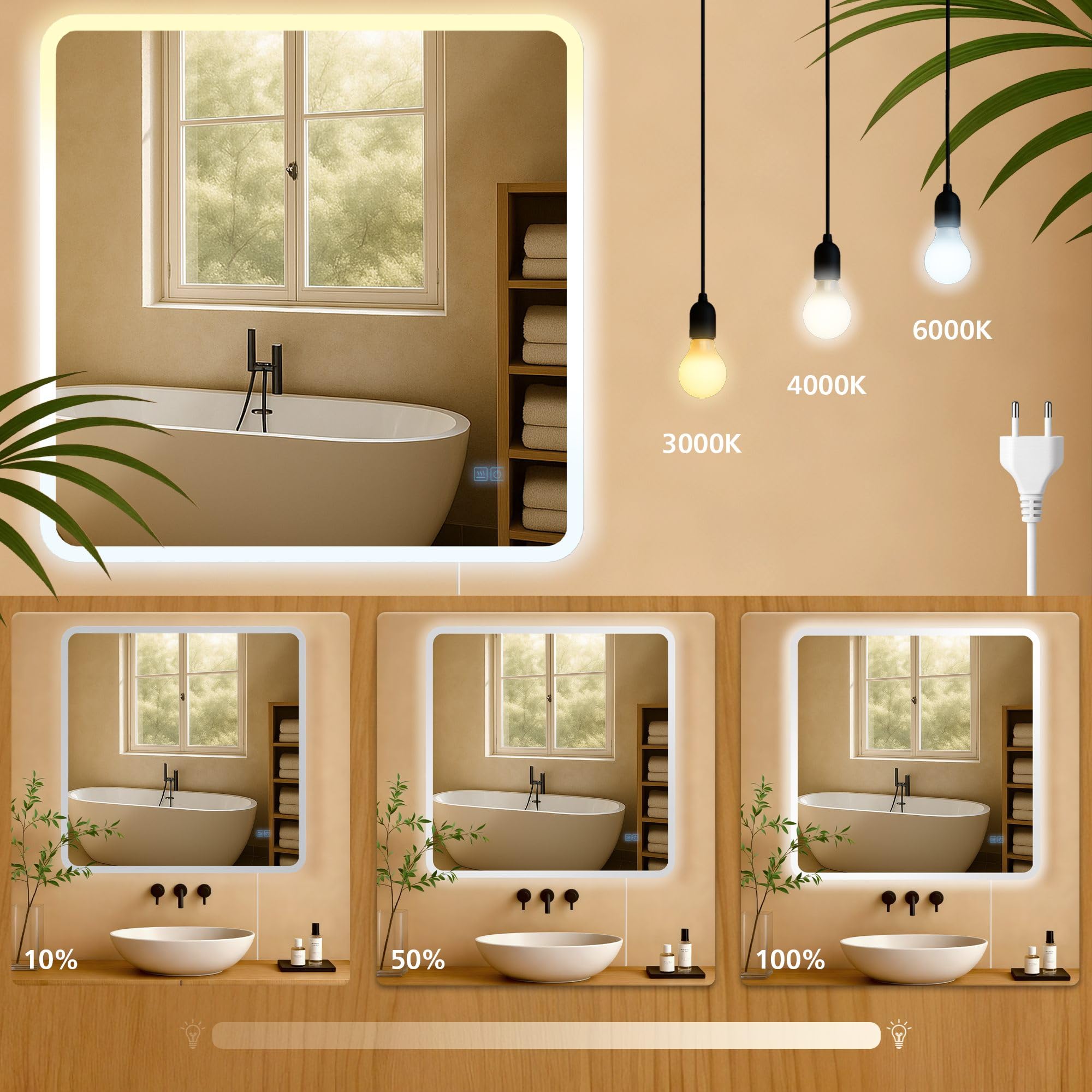 CLP Specchio da bagno Jericho con illuminazione, specchio da bagno antiappannamento, specchio da parete con luce LED, dimmerabile, Dimensione:80x80 cm