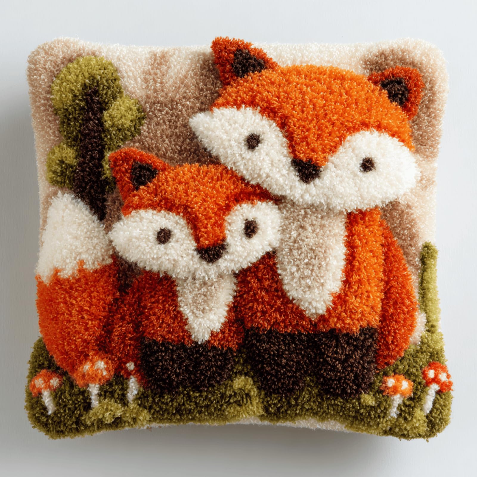 kitphoenix Latch Hook Rug Making Kit for Cushion 43x43 cm,Fox Family,DIY Craft Set with Colour Printed Canvas,Pre-Cut Yarn,Crochet Hook and Instructions