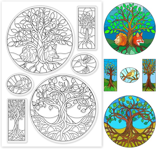PandaHall Tree of Life Pattern Clear Stamps, Tree Bird in Circle Rectangle Transparent Rubber Stamps for Scrapbooking Stamps Card Making Decoration Photo Card Album Crafting Supplies