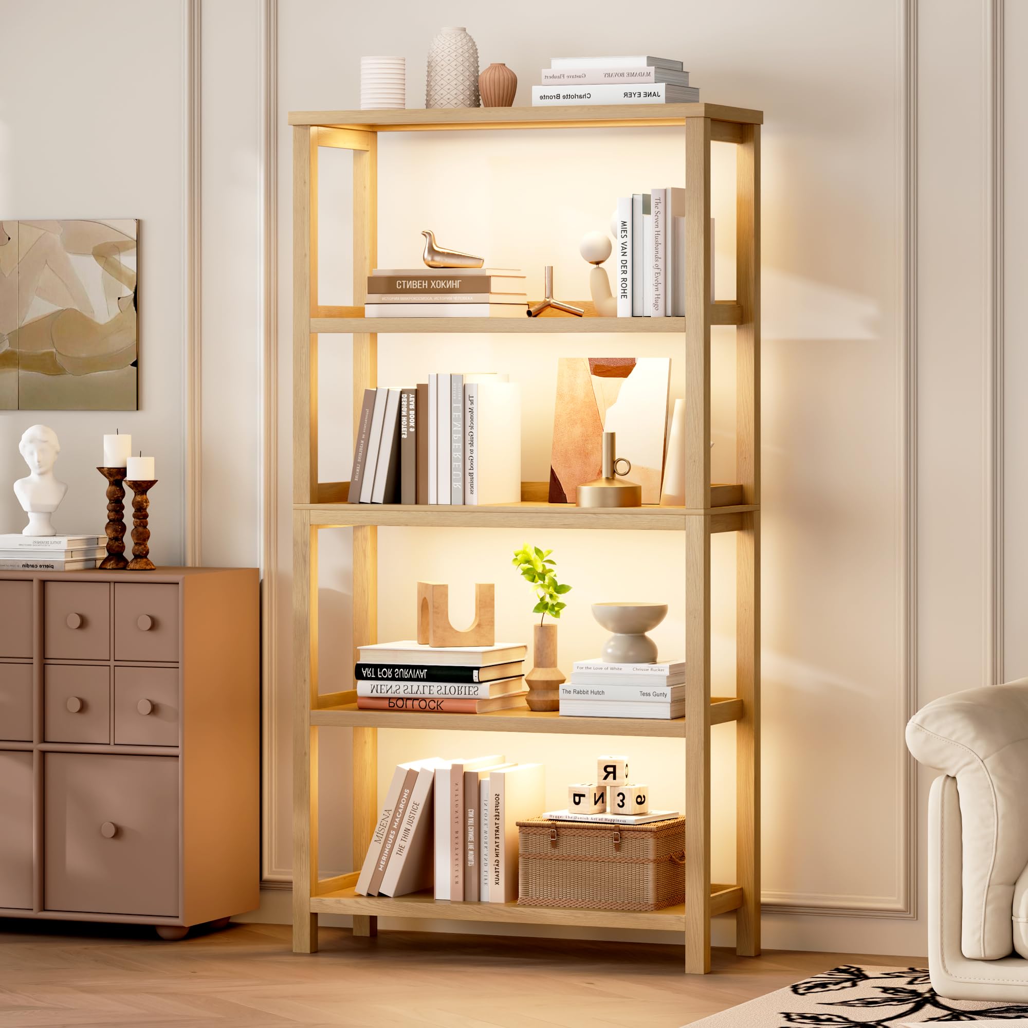 Vlsrka Wooden Bookshelf with Lights, 5 Tier Bookshelf with Storage, Tall Bookcase with Open Shelves, Standing Bookshelves Display Rack for Living Room, Home Office, Brown