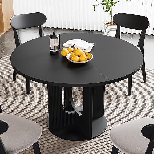 Miniatura 10 de Mesa de comedor redonda campestre con nervaduras para 4, mesa de cocina circular de 47 pulgadas con base de pedestal de madera, mesas de cena para