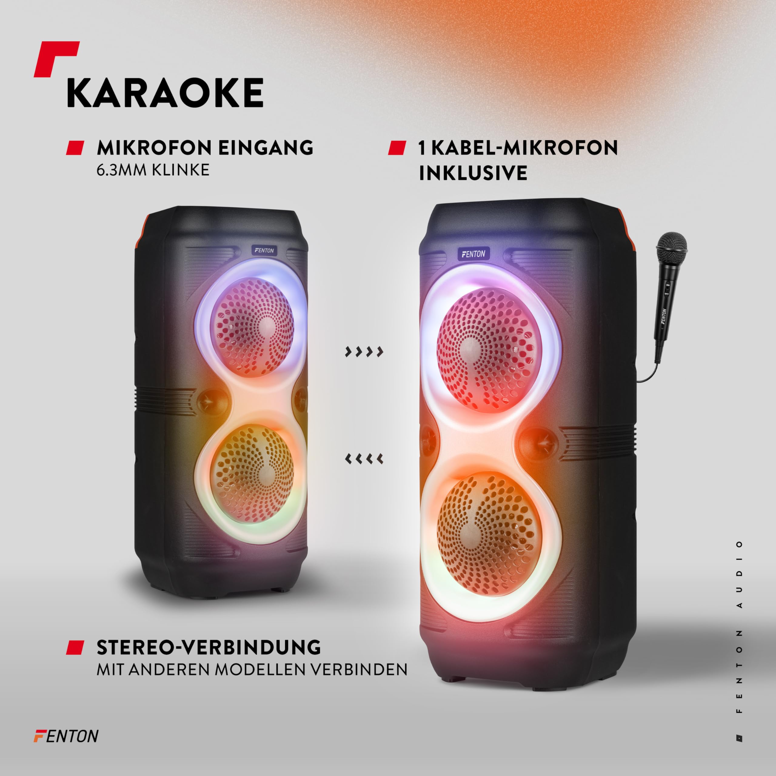 Fenton Track210 Bluetooth Lautsprecher – Party Musikbox 100 Watt mit LED Lichtshow, Akku 8 h, USB/microSD, Mikrofon Karaoke, Stereo-Paarung, tragbare PA Soundbox, Kabellose Partybox mit starkem Bass