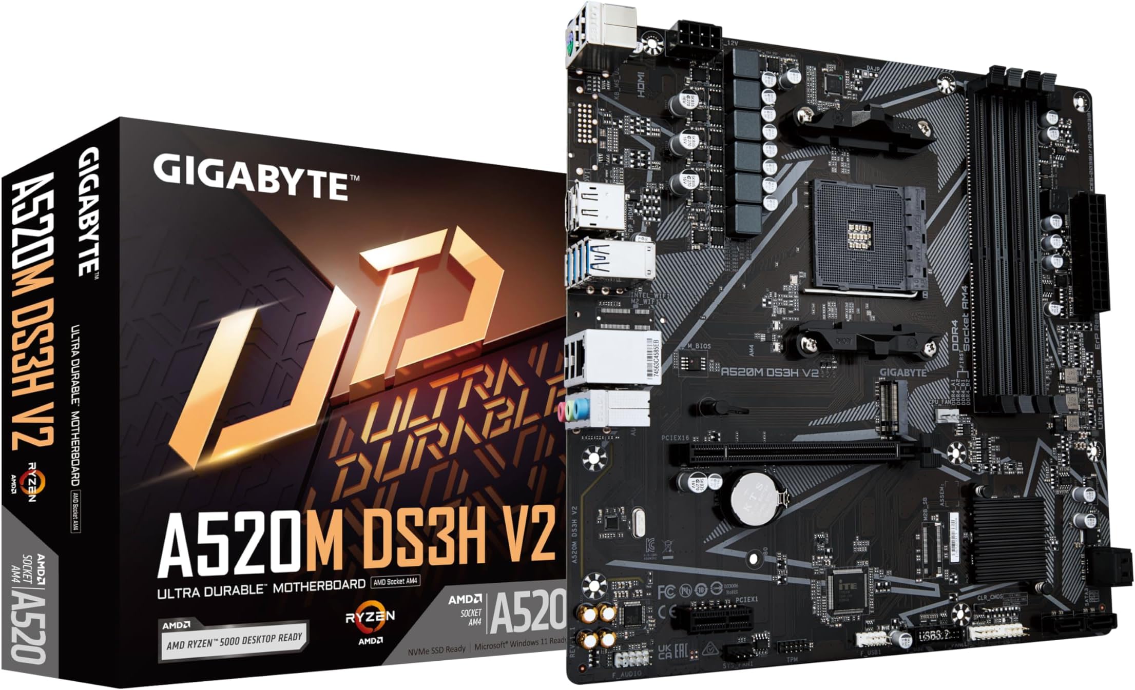 Gigabyte A520M DS3H V2 Motherboard - Supports AMD Ryzen 5000 Series AM4 CPUs, up to 4733MHz DDR4 (OC), PCIe 3.0 x16, GbE LAN, USB 3.2 Gen 1