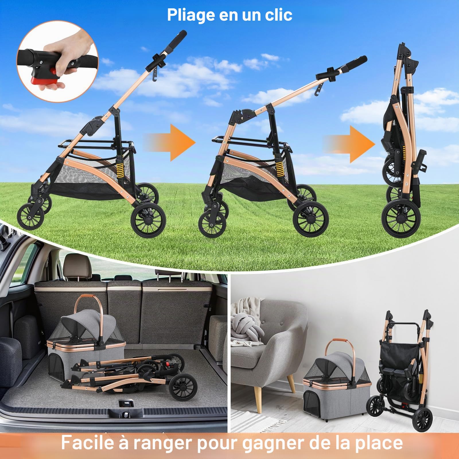 MAMIZO Poussette Chien 3-en-1, Poussette pour Chat Pliable, Panier de Rangement, Fenêtre en Filet, pour Petits Chiens et Chats, Jusqu'à 20 kg, 4 PCS Roues Résistant à l'Usure à 360°, Gris Foncé