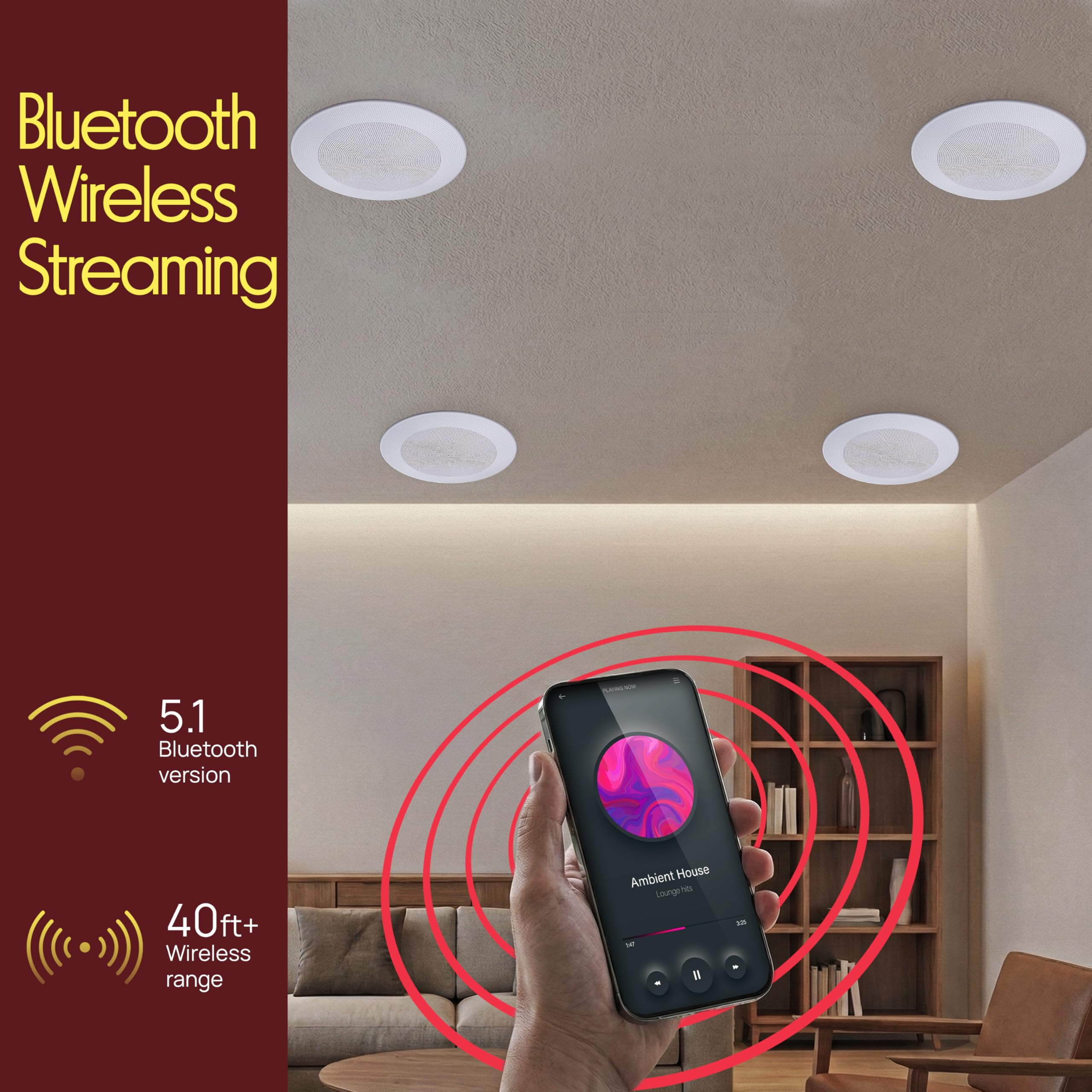 Pyle 8" Bluetooth Ceiling/Wall Speaker Kit, 250W Flush Mount 2-Way Home Speakers, 4 Speakers with Wireless Music Streaming, 4-Channel Amplifier, Quick Install, Round & Square Grills, 11.2" x 3.9" Inch