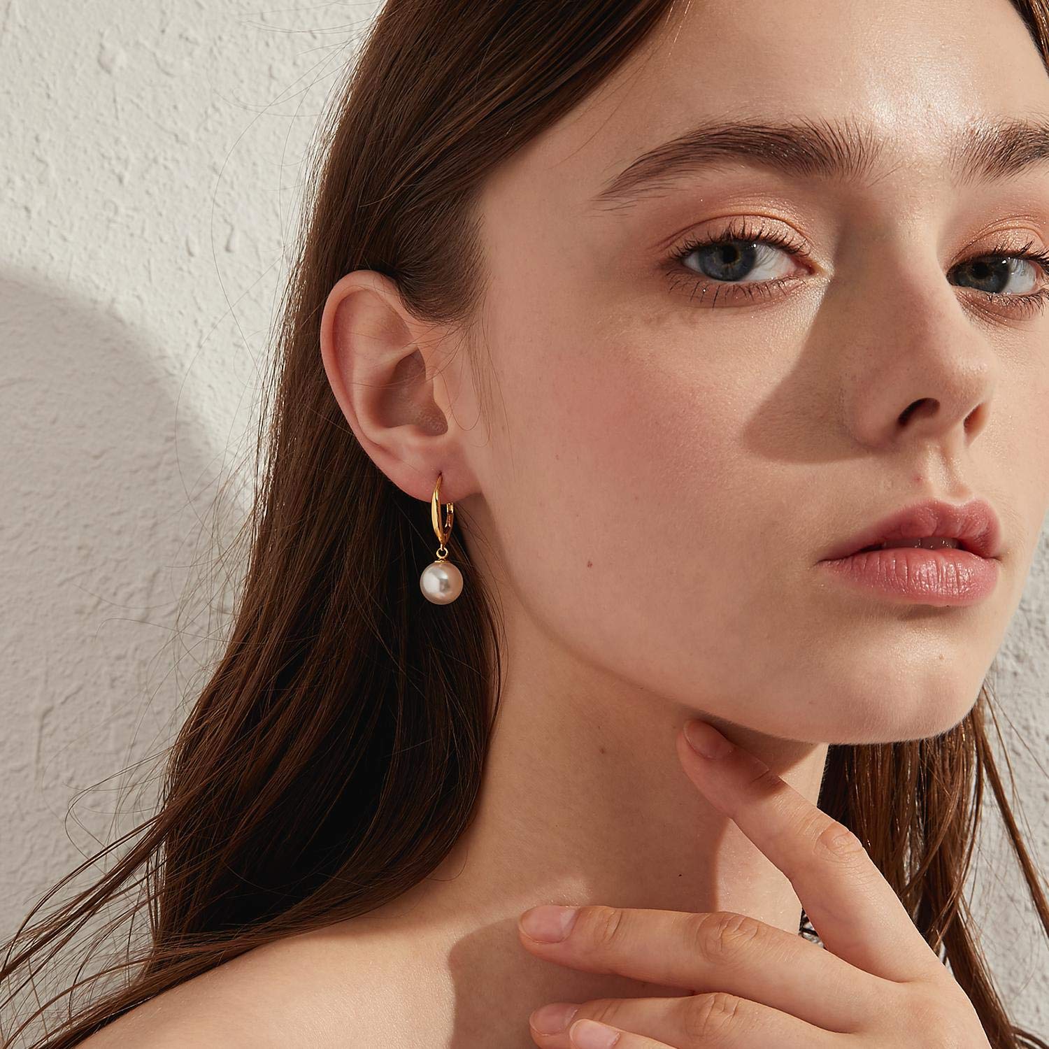 jiamiaoi 18Kt Weißgold plattiert Perlenohrringe Silber 925 Hängend, Perlen Ohrringe Damen Perlen Ohrhänger, Creolen mit Perle 8mm-10mm