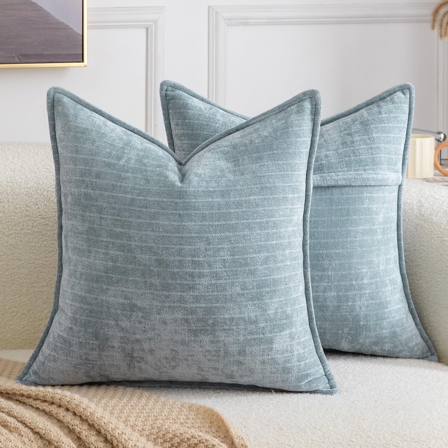 Madizz Pack of 2 Decorative Striped Cushion Covers Vintage Boho Soft Chenille Throw Pillows Luxurious Pillow Cases for Couch Sofa Bedroom Living Room 45x45 CM, Grey Blue โ image 1