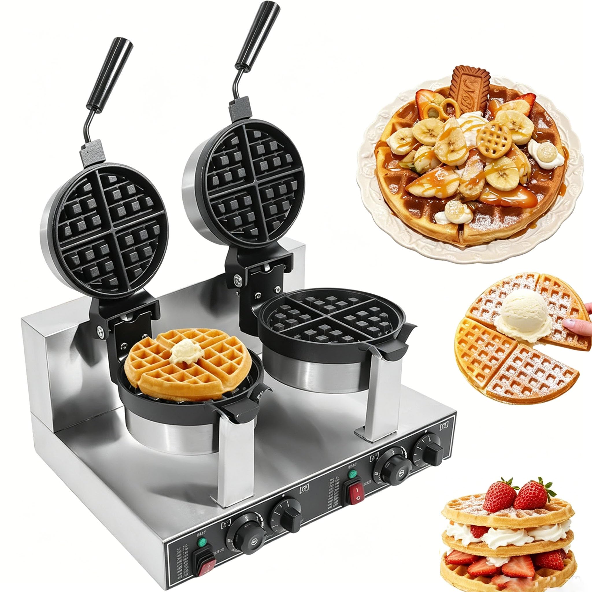 Máquina para hacer gofres giratoria comercial, plancha para gofres antiadherente de doble cabezal de acero inoxidable de 2400 W, gofrera redonda para panadería, restaurante y snack bar