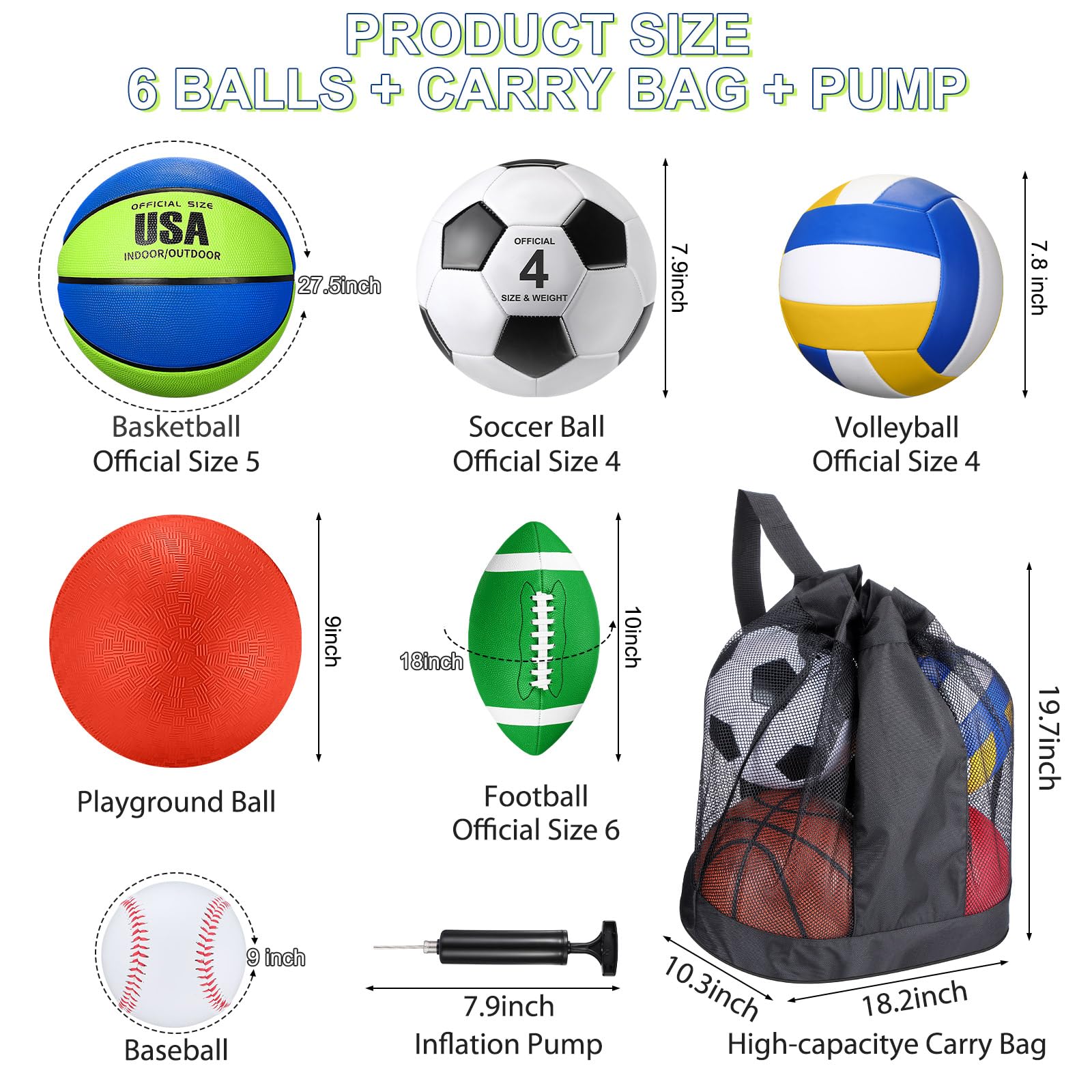 Realspring 6-teiliges Multi-Sportball-Set für Kinder, Teenager, offizielle Größe, Fußball, Basketball, Fußball, Volleyball, Spielplatzball, Baseball mit Sportausrüstungstasche, Pumpe
