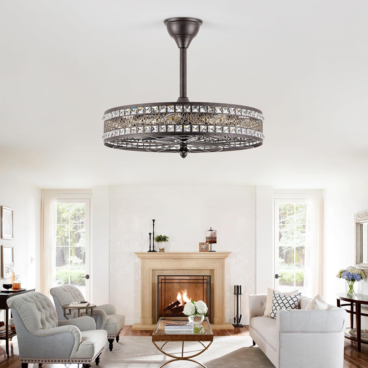 Art Deco Chandelier Light Fixture, 8-Light 24 Inch Large Unique Crystal Fandelier Ceiling Fan with Light, Transitional Art Nouveau Bladeless Enclosed Caged Pendant for Living , Dining , Bedroom