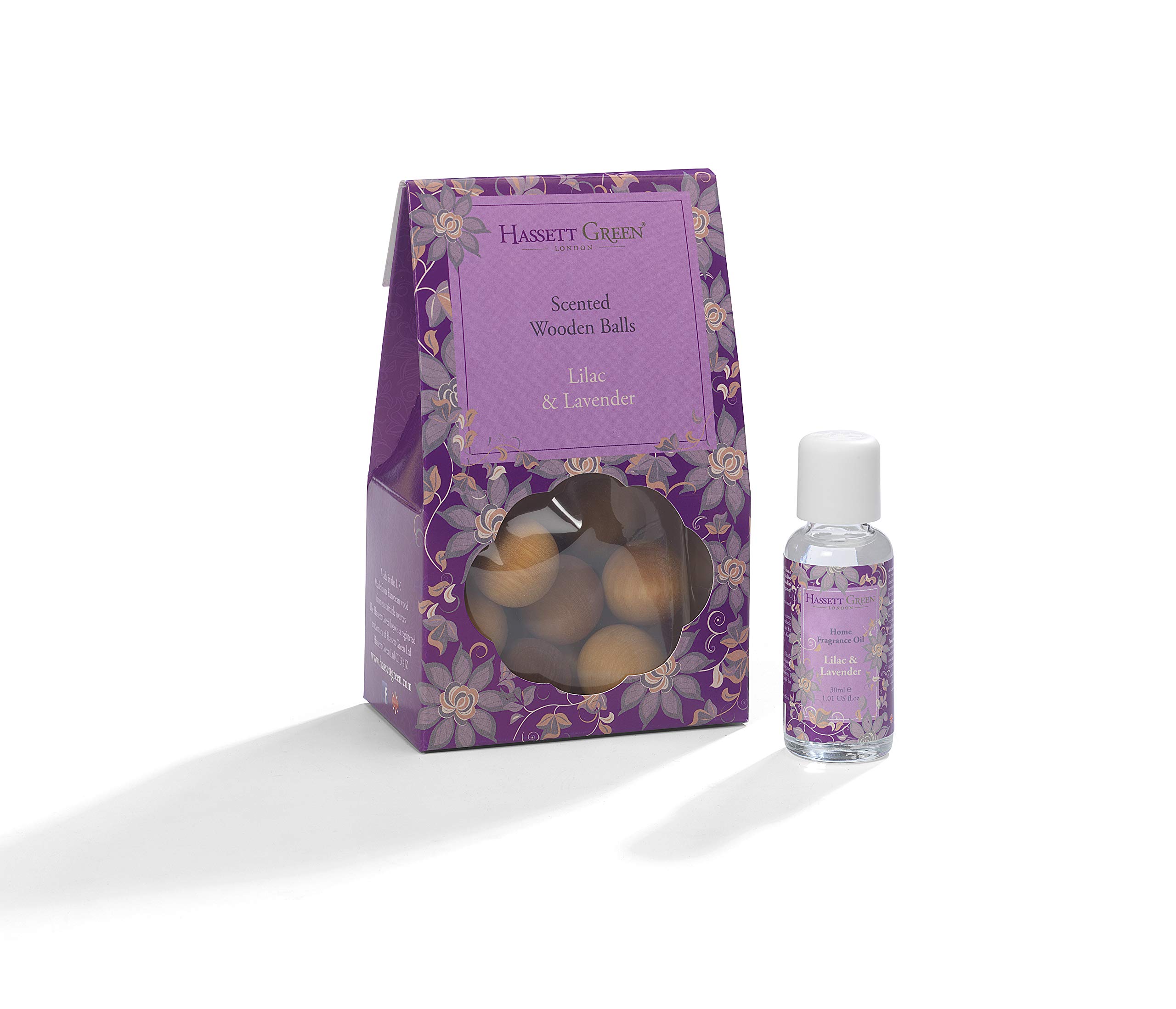 Hassett Green London - Lilac & Lavender - Scented Wooden Balls Pack of 12 plus 30ml Bottle of Home Fragrance Oil for Refreshing - Alternative to Pot Pourri, Diffusers, Sachets and Drawer Liners