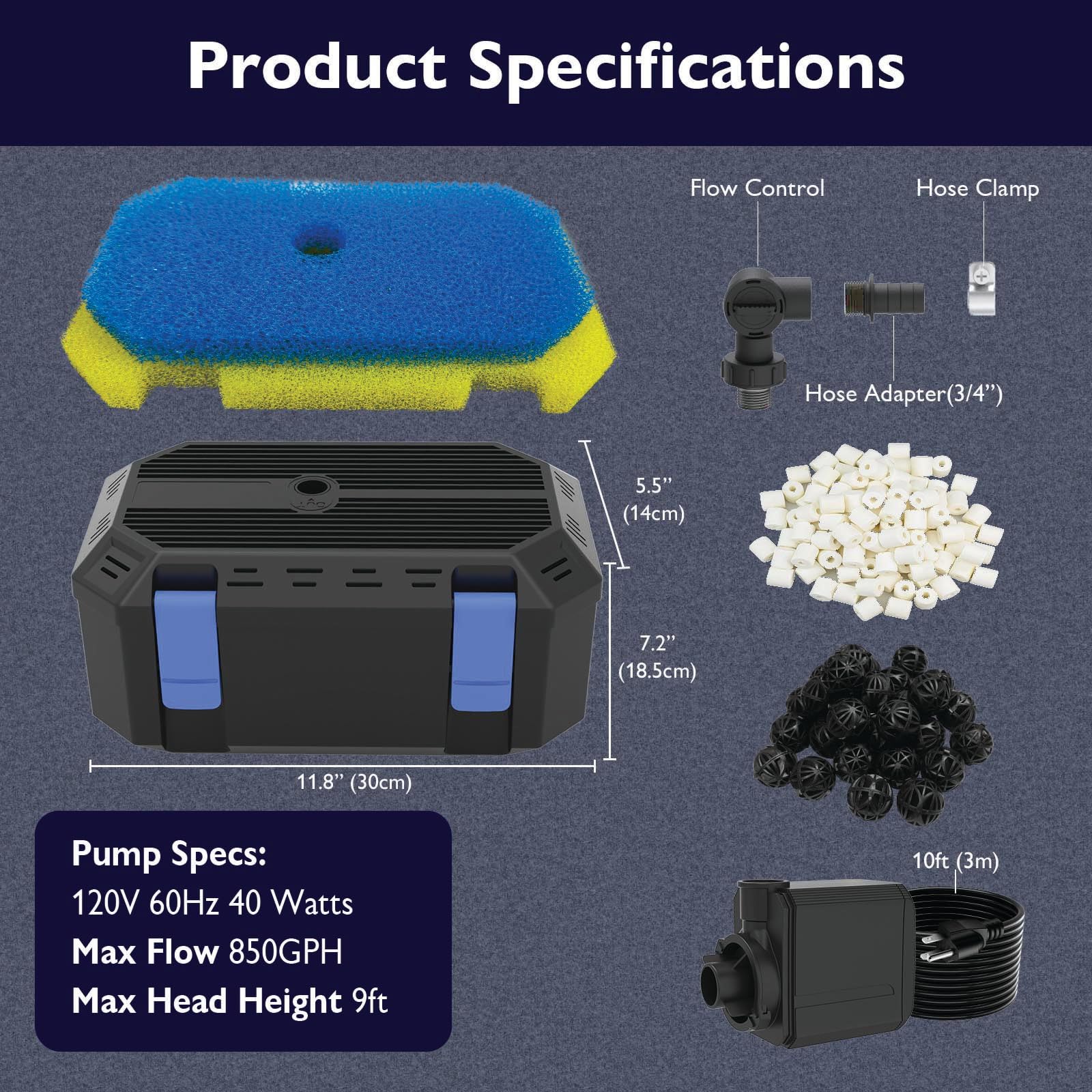 Pompa filtrante per laghetto da 850 GPH con filtraggio a 4 fasi, filtro per laghetti esterni, 500-750 litri, scatola filtro per pompa per giardino, cascata, fontana, fontana