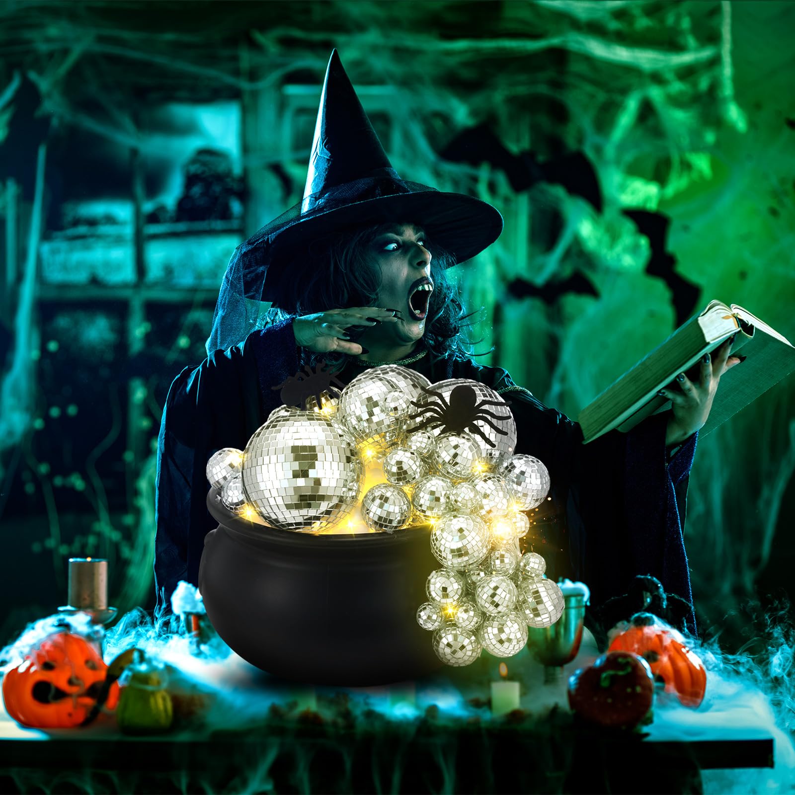 Colingmill Grand chaudron de sorcière en plastique noir avec araignées pour Halloween