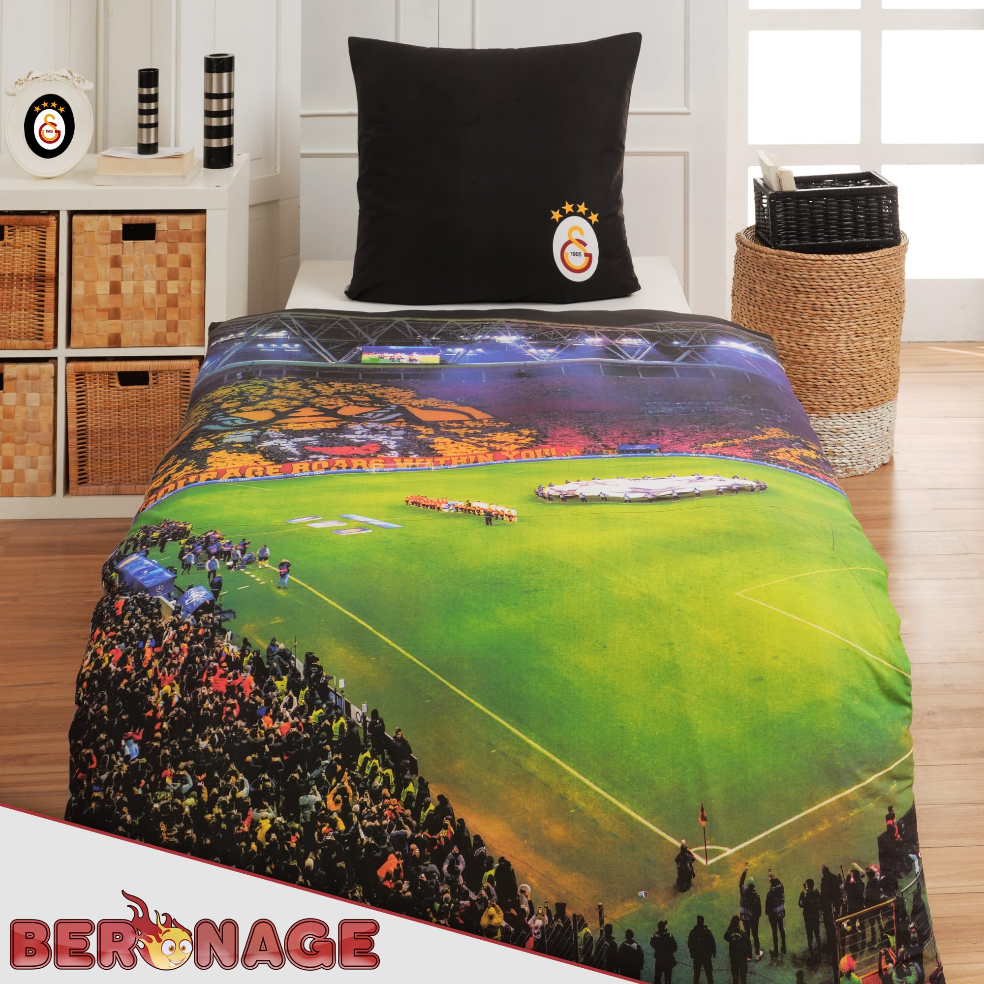 BERONAGE Galatasaray - Ropa de cama de Estambul RAMS Park 135 x 200 cm + 80 x 80 cm, 100 % algodón, calidad de fútbol, estadio GS Aslan Cim Bom, reversible, con cremallera, tamaño alemán