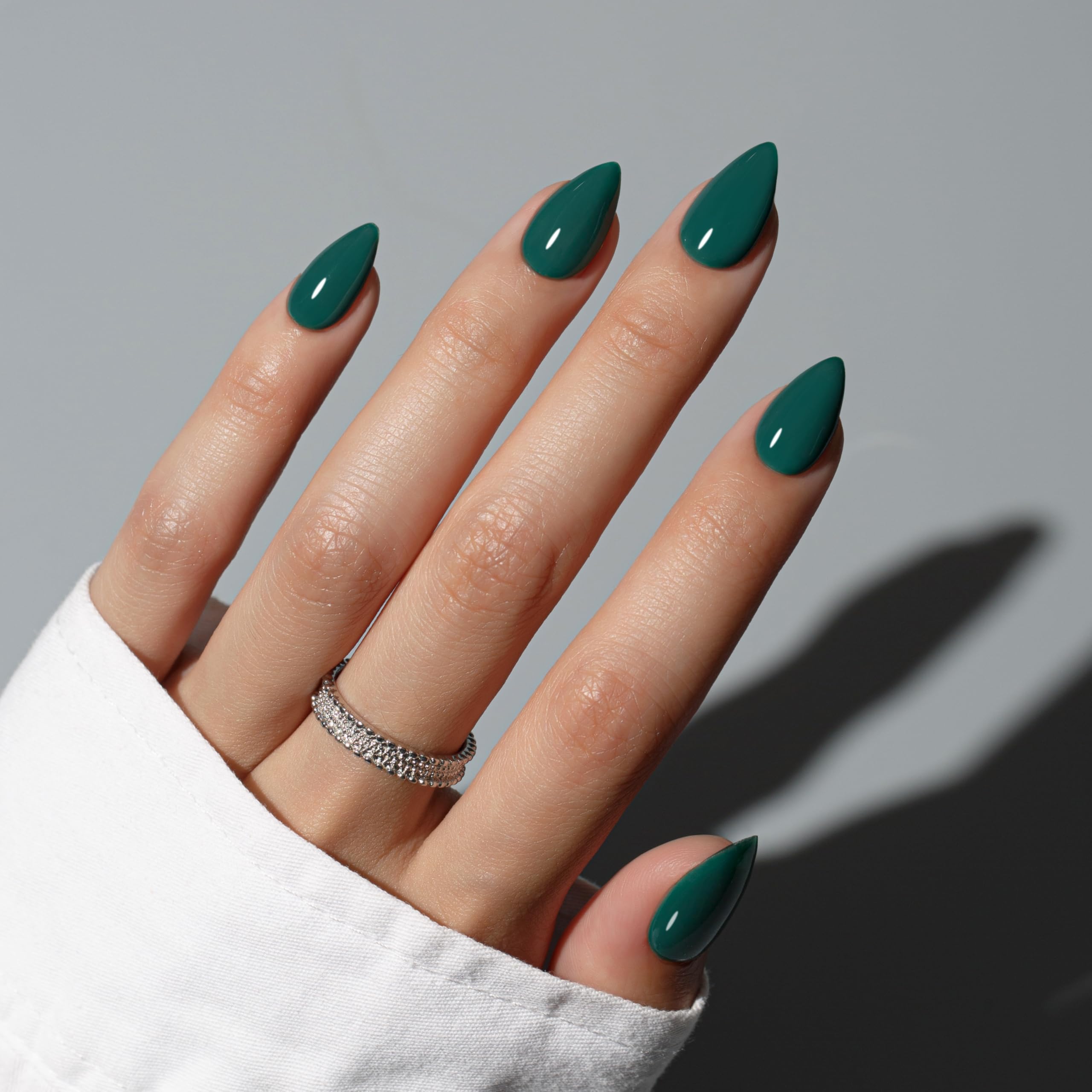 KQueenest Dark Green Press on Nails Short Almond, Short False Nails Press ons, Sheer Emerald Green Fake Nails Medium Stiletto - Image 2