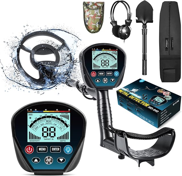 HOOMYA Metal Detectors for Adults Beginners, Adjustable 9 Identification Levels&10 Levels of Sensitivity Pinpoint Function, LCD Backlight 10" Waterproof Search Coil Gold Detector Finder for Kids MD840