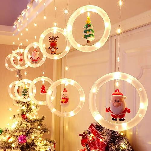 BLOOMWIN Luces de ventana para decoración de Navidad, anillo de luces con adorno, luces LED de cortina para interiores y exteriores, USB de 9.8