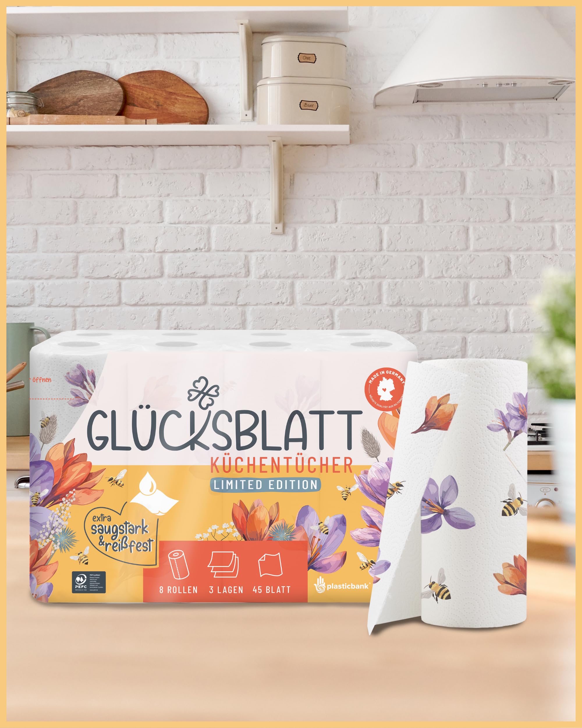 Glücksblatt Küchentücher mit bedruckten Motiven, 48 Rollen á 45 Blatt, 3-lagige Küchenrollen, 100% Zellstoff, nachhaltig, saugstarke Haushaltsrollen, Allzwecktücher, Papiertücher, Papierhandtücher