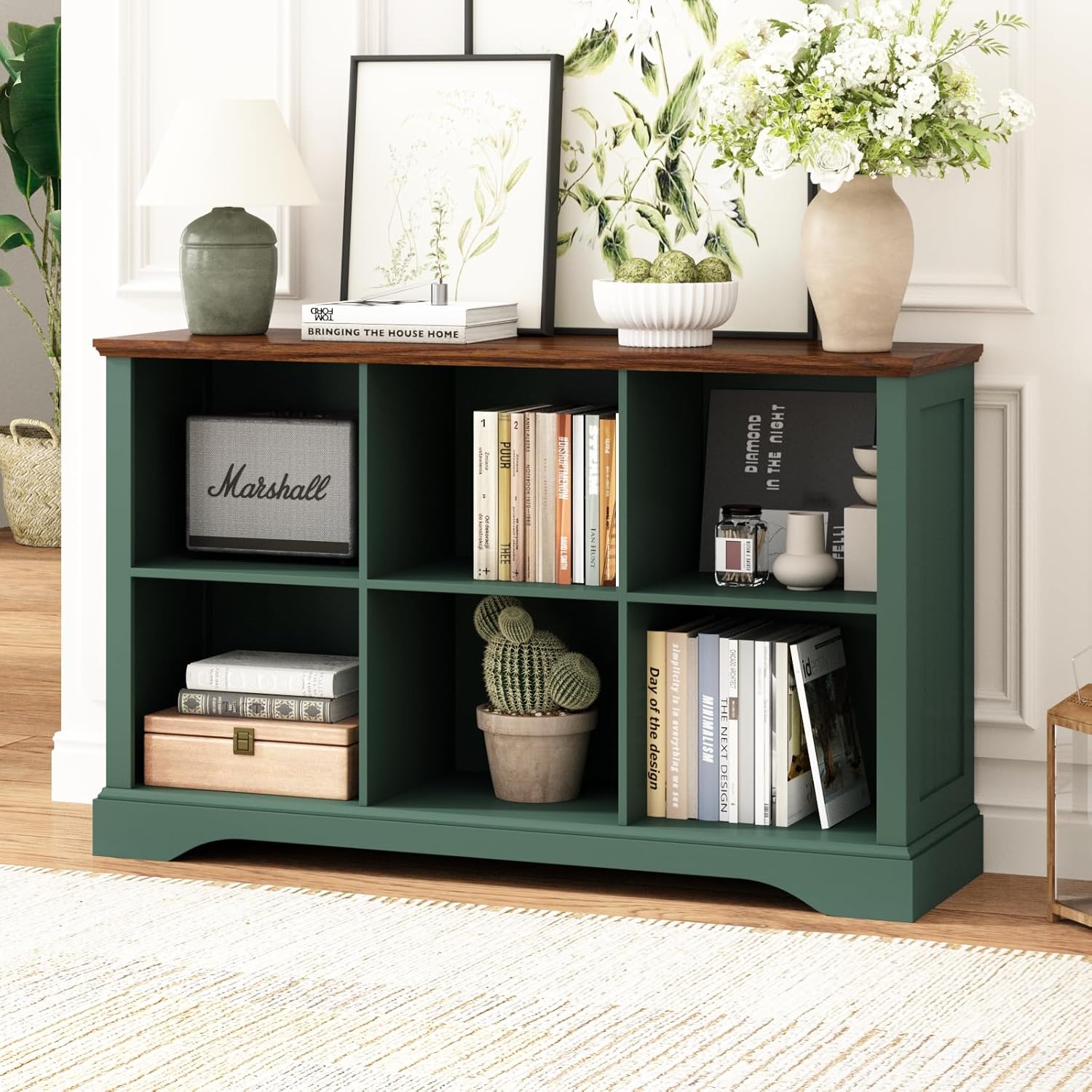 6 Cube Storage Organizer - 47.4" Farmhouse Wood Low Bookshelf, 3 Tier Horizontal Open Shelf Bookcase Cubby Storage Console Cabinet for Living Room, Entryway, Office, Green