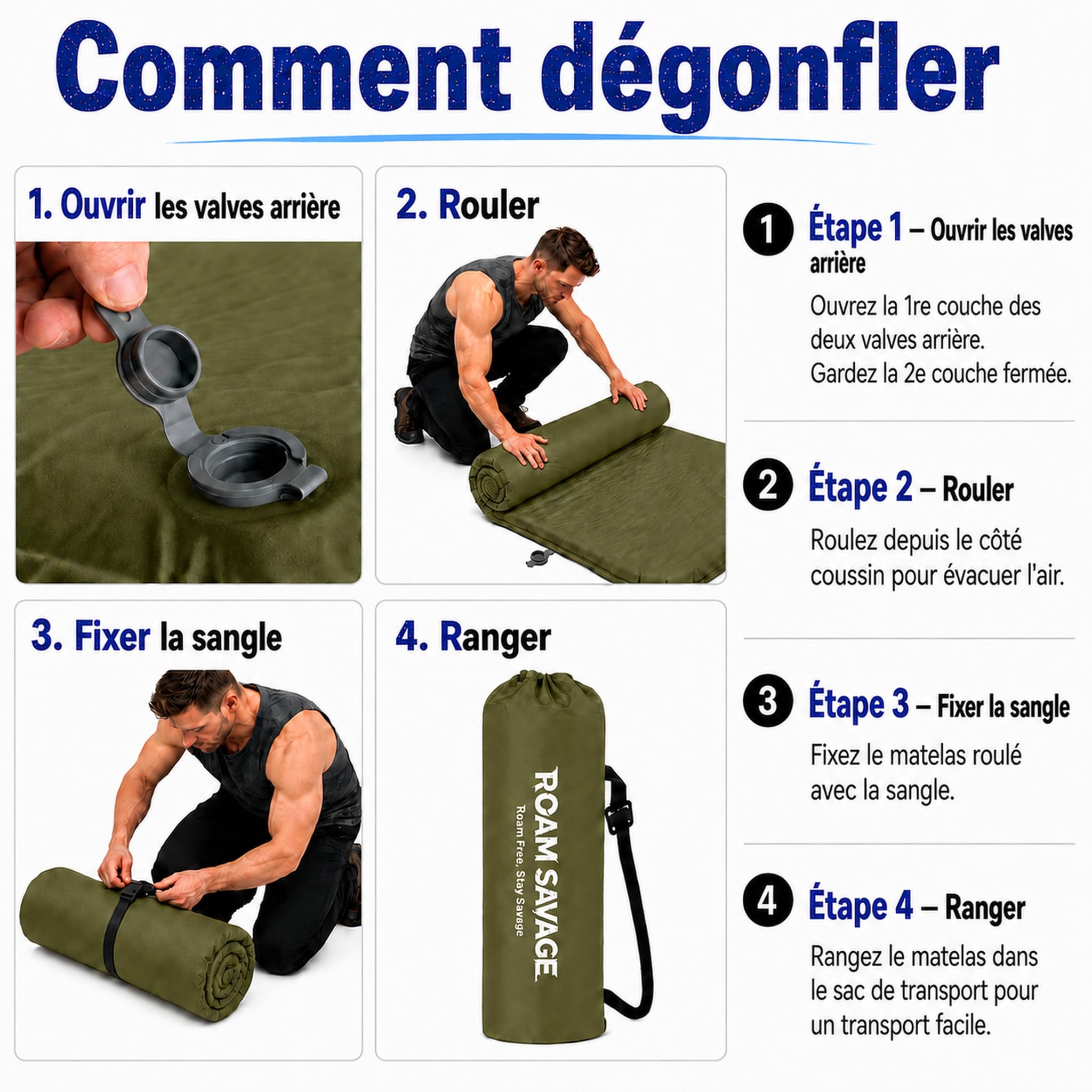 ROAM SAVAGE Tapis de camping autogonflant avec oreiller intégré, léger