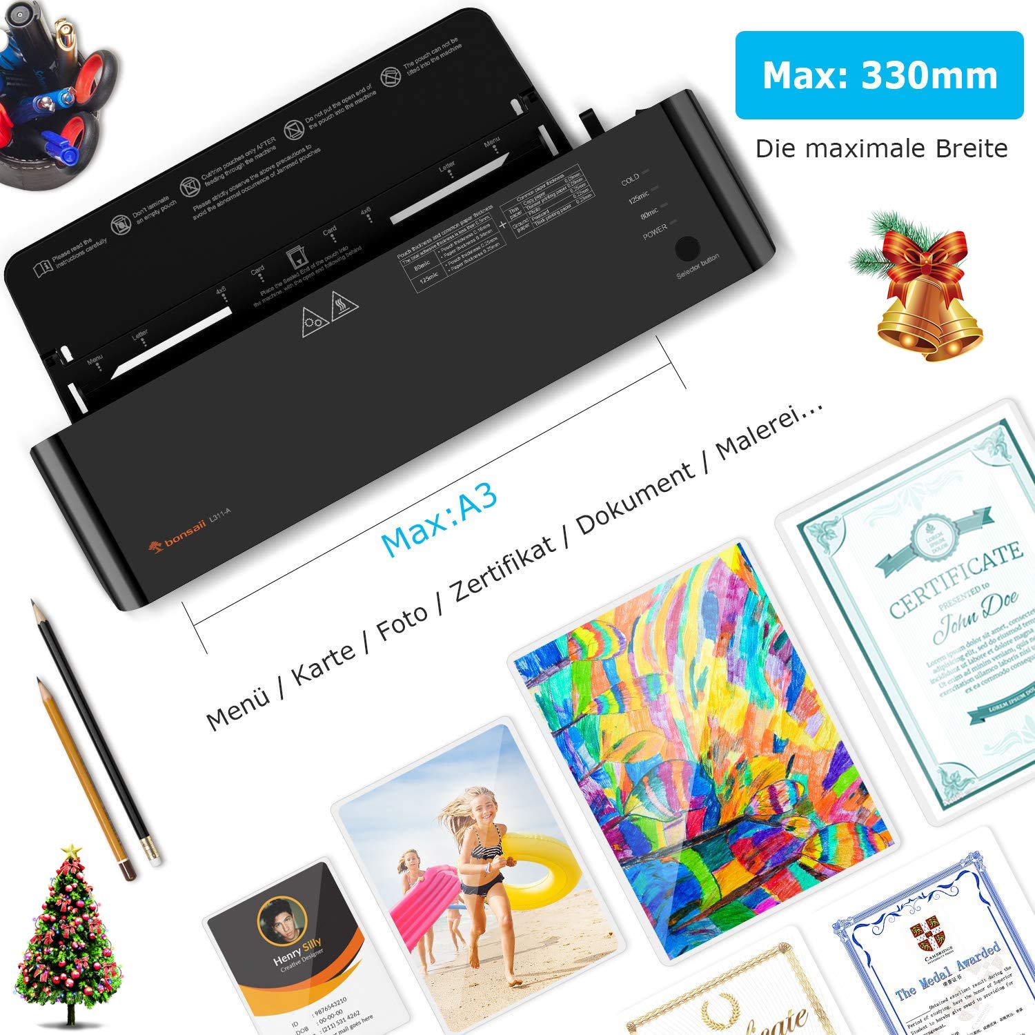 Bonsaii Laminator do DIN A3/A4/A5 80mic 125mic zestaw do laminowania na gorąco i zimno, 4 w 1, z 25 foliami do laminowania, nożykiem do papieru i przecinakiem rotacyjnym, do użytku domowego, do biura nauczyciela, czarny (L311-A)