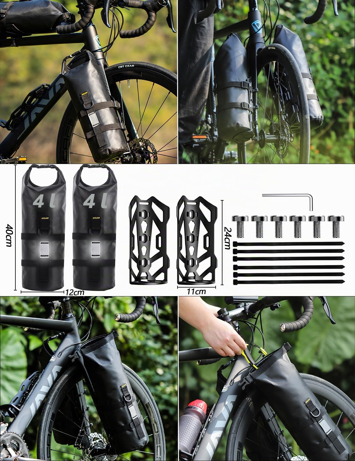 Lot de 2 sacoches de vélo 4 L + 4 L, avec support polyvalent, 100 % étanche, compatible avec les vélos de montagne et de route