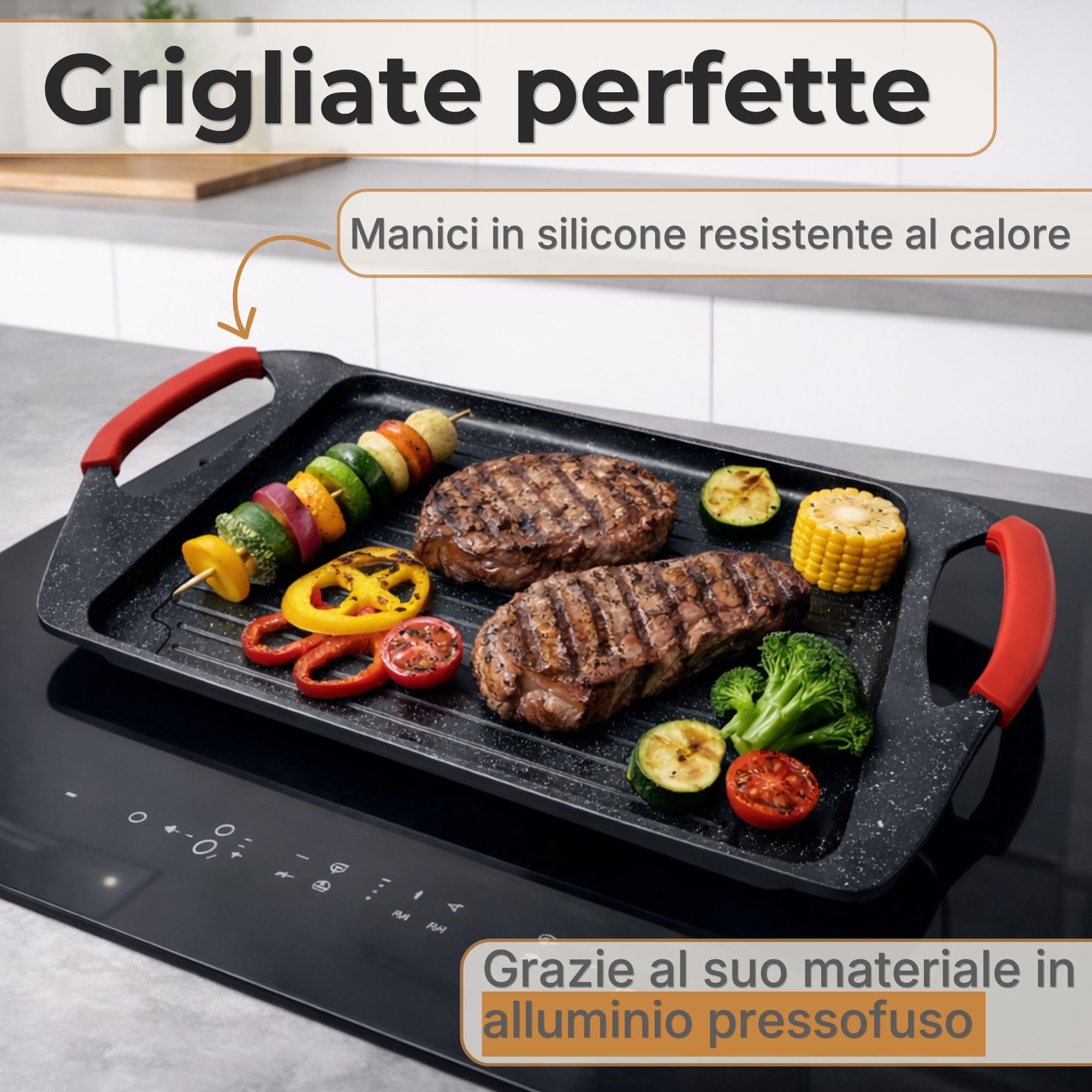 NAMAI - Bistecchiera Induzione Rettangolare, 45,5 CM x 27 CM | Rivestimento Antiaderente, Alluminio Pressofuso, Adatta In Lavastoviglie, Adatta a Tutti i Piani Cottura