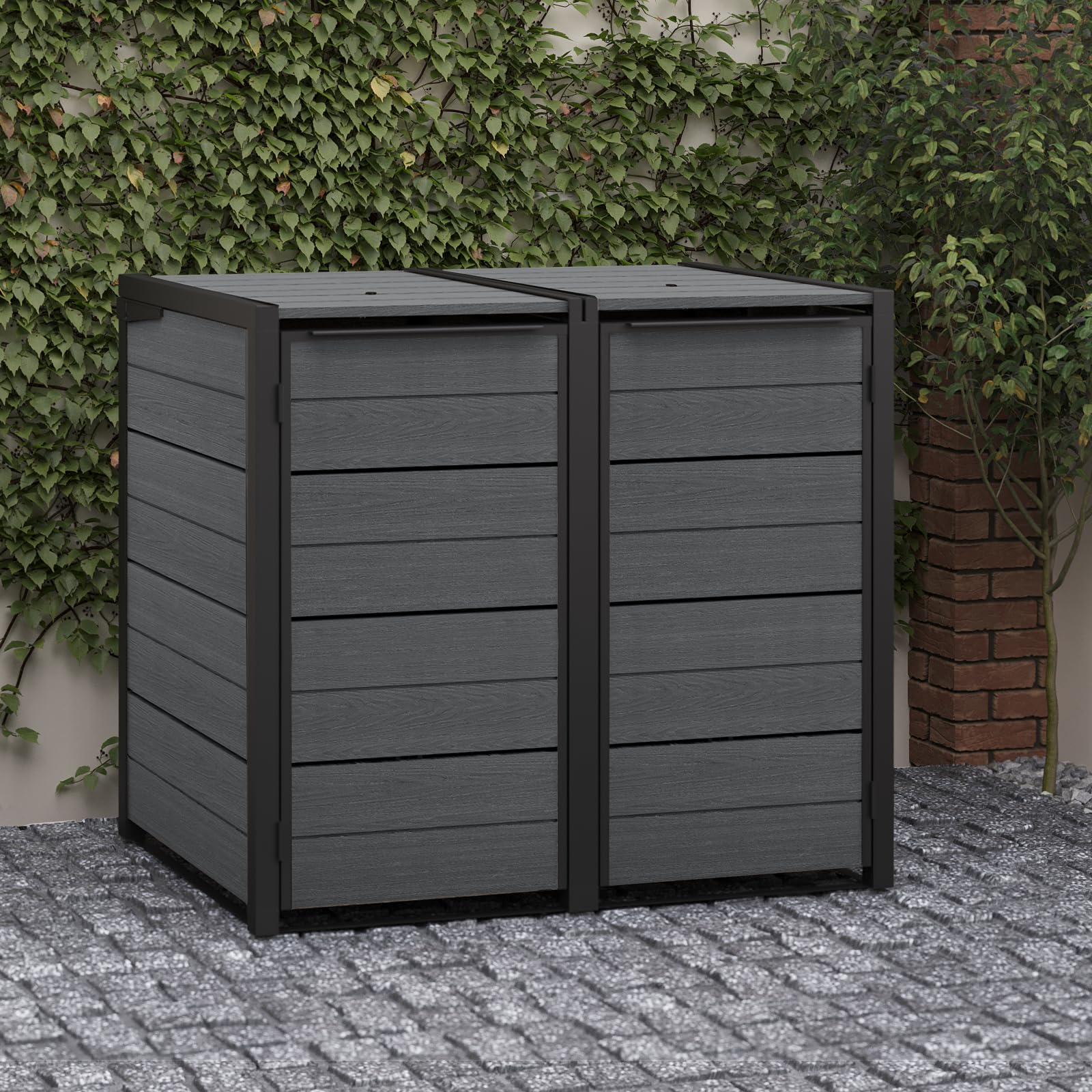 Koll Living Mülltonnenbox Hide Away | 480 Liter, flexibel erweiterbar | Stahlrahmen | mit Gasdruckfedern | Anthrazit | naturgetreue Holzoptik | wetterfest & wartungsfrei | belüftet