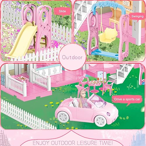 Miniatura 4 de Neragron Juguete de casa de muñecas, casa de juegos de 3 pisos y 9 con ascensor, automóvil, luz, silla oscilante, muñeca, muebles y accesorios, casa