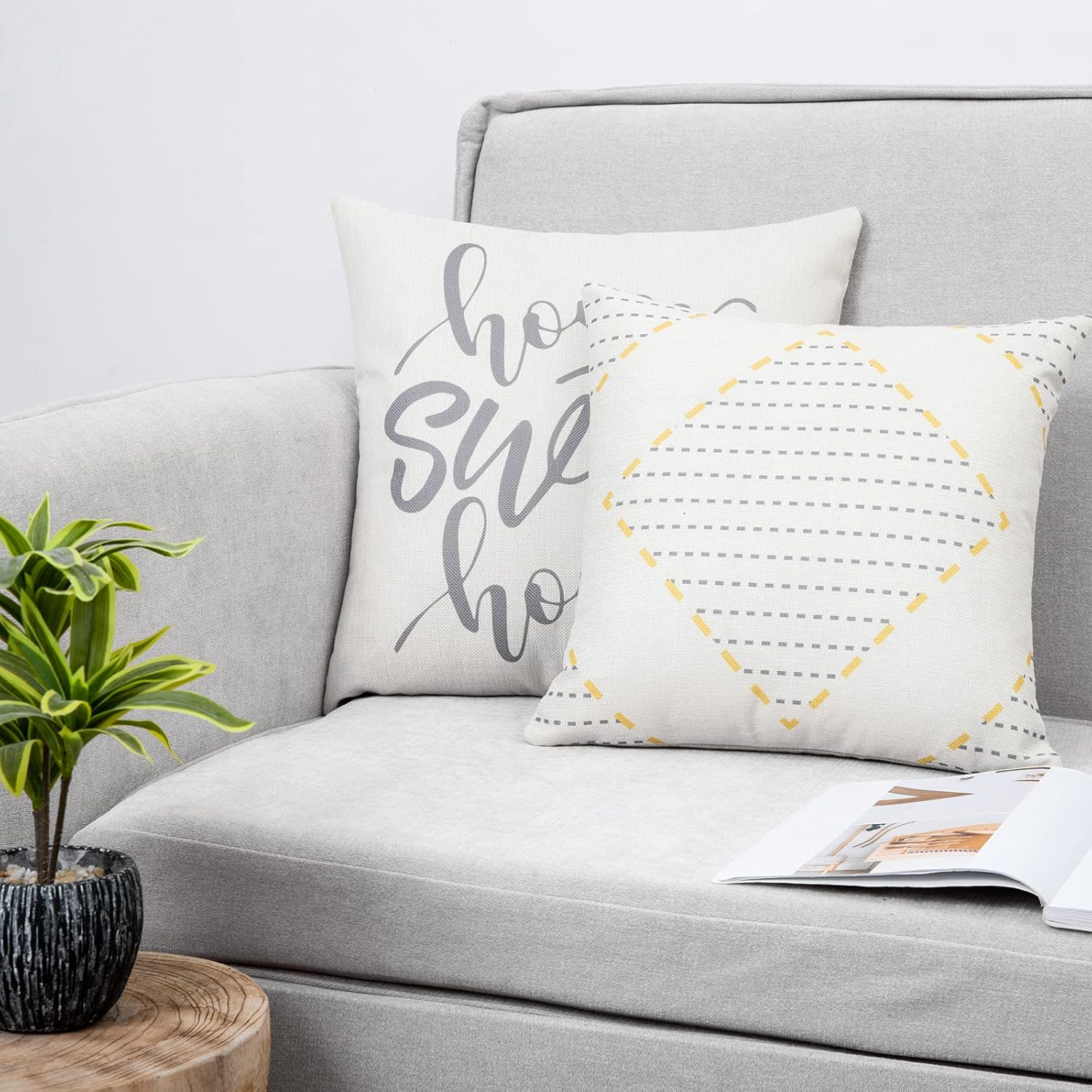 Hlonon Decorative Throw Pillow Covers for Couch Set of 4 Modern Style Stripes Geometric Square Cushion Covers for Bed Sofa Living Room Home Decoration (Gray + Yellow, 18x18 Inch)