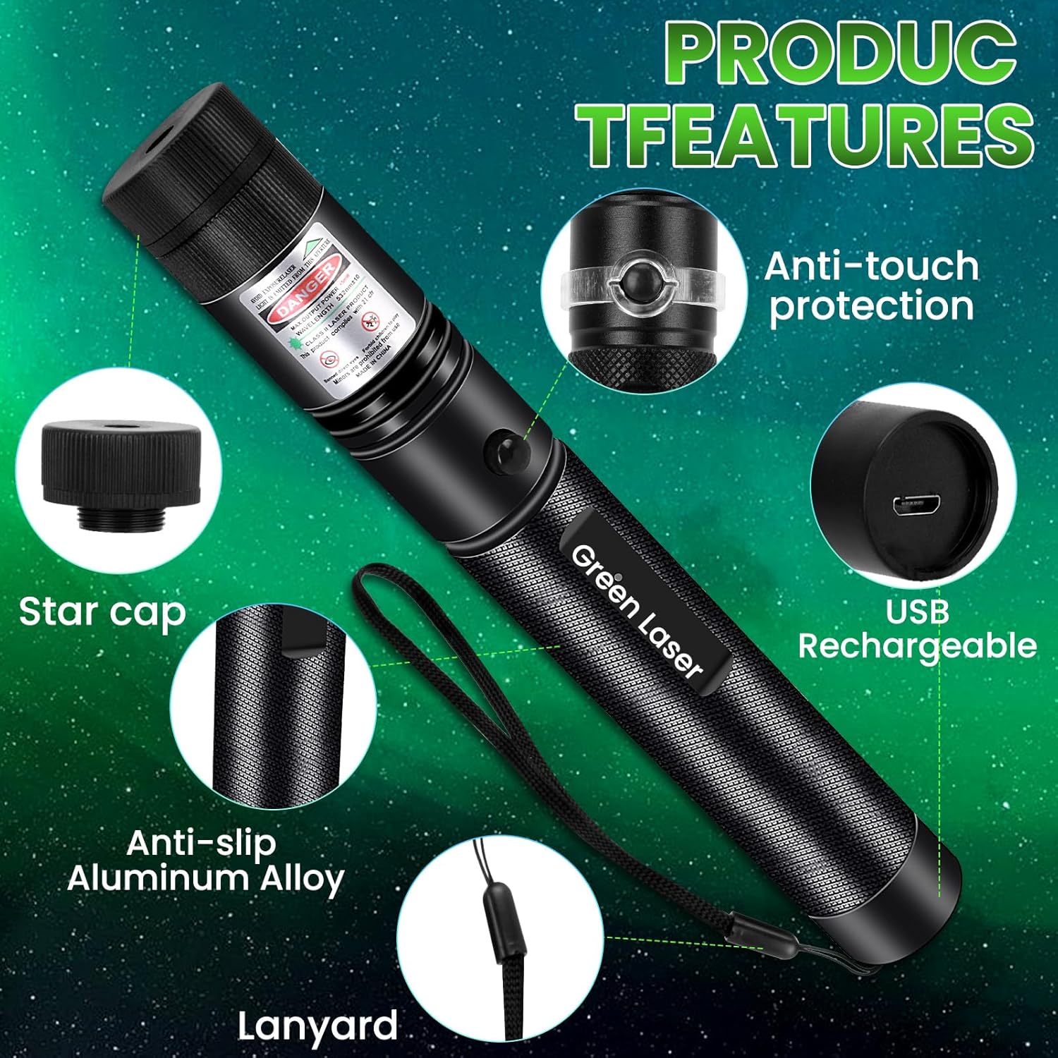 Long Range Laser Pointer, Rechargeable Flashlight with Green Laser Pointer for Night Astronomy Outdoor Camping Hunting