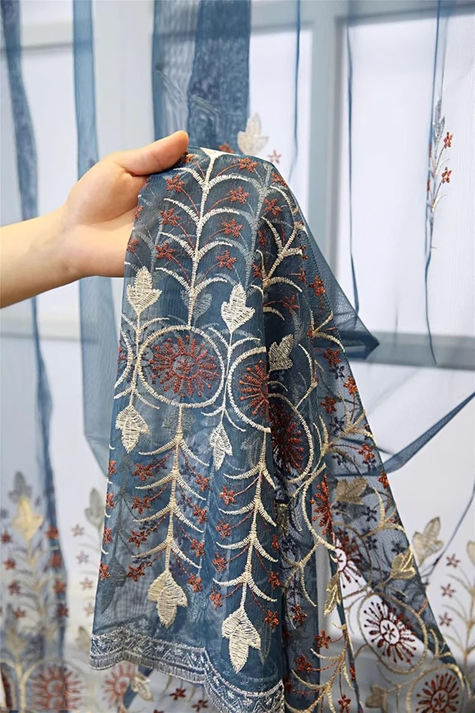 Rideau de Cuisine Long Vintage, Rideaux d'Extérieur Transparent Bleu Motif de Broderie en Dentelle Polyester 2 Panneaux 107W x 214L cm