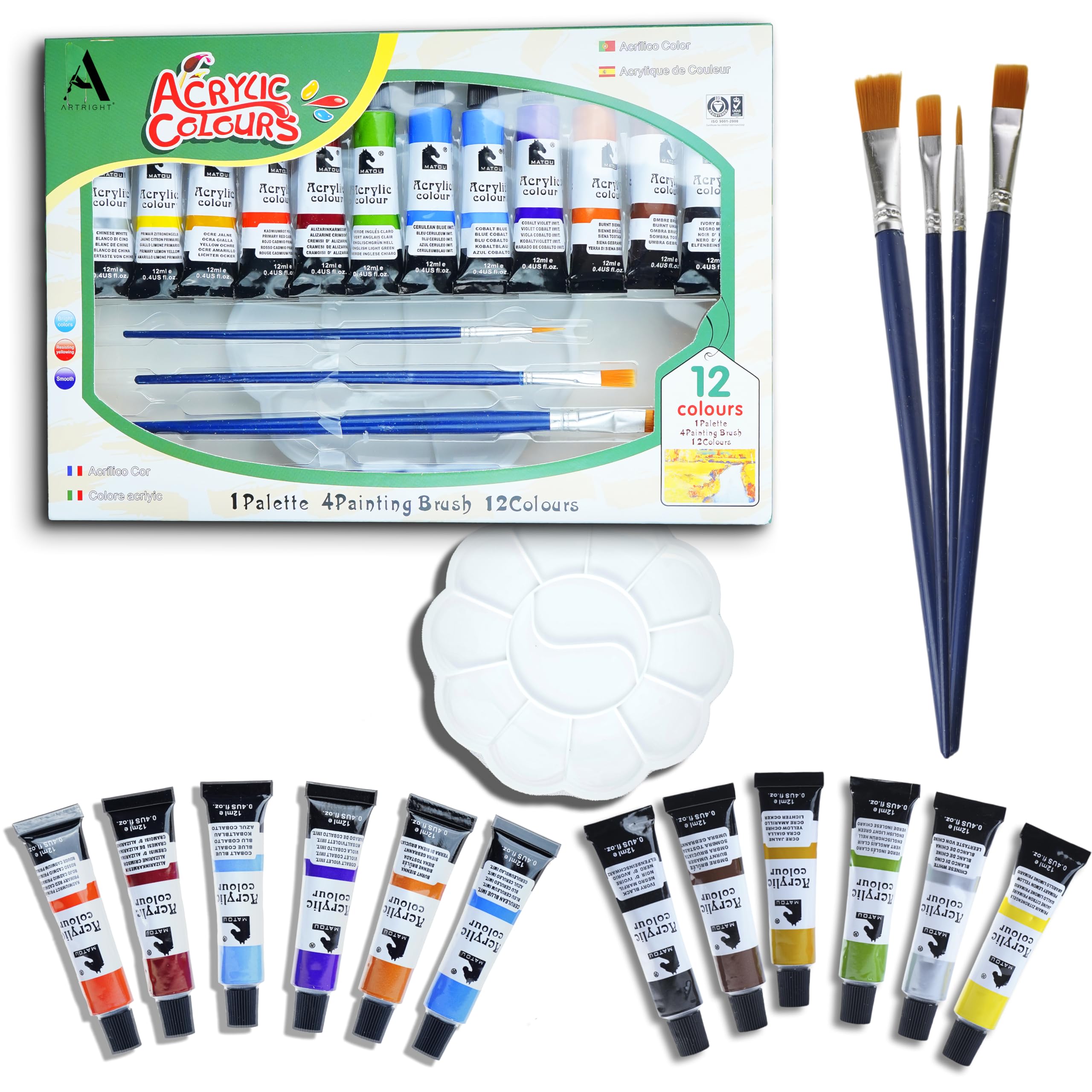 ArtRight 12 x 12ml Acrylic Paint Set with 4 Free Paint Brushes and Palette - Acid-Free, Non-Toxic Multicolored Artists' Colors for Acrylic Painting (12ml, 0.4oz)