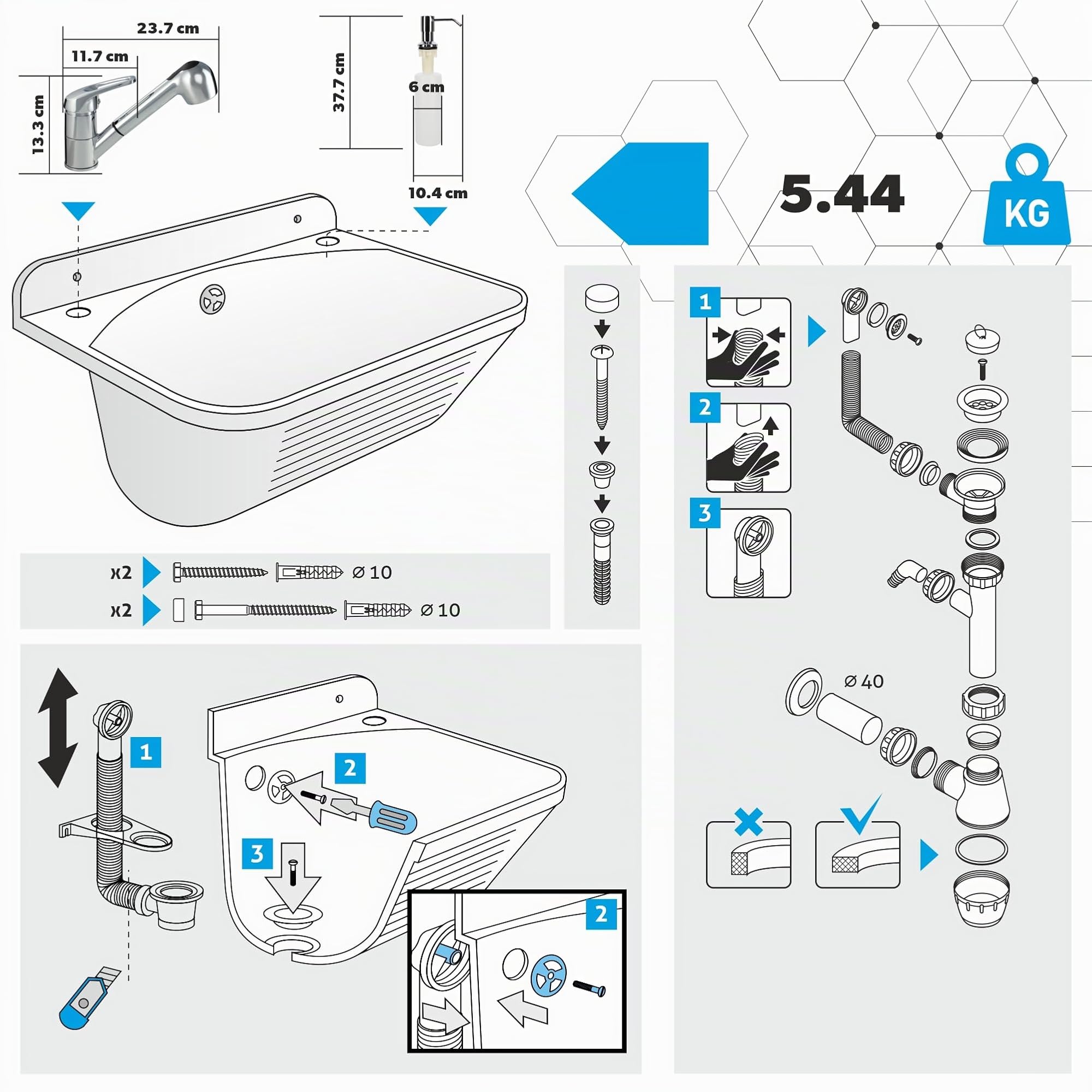 GOSPO Ausgussbecken mit ausziehbarer Armatur, Seifenspender, Siphon, Waschbecken 46 x 36 x 20 cm, für Garage, Keller, Waschtrog, Wandmontage, in Platte, Spülbecken inkl. Zubehör (grau)