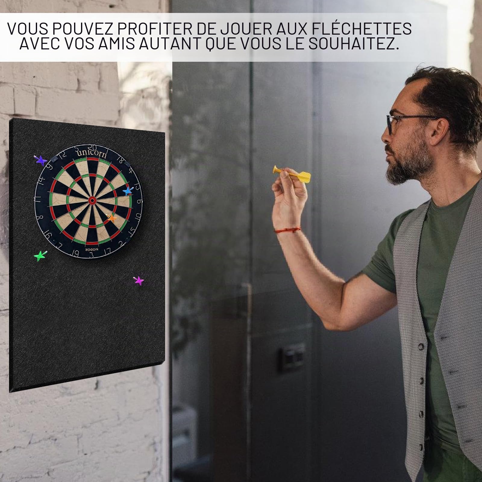 Cible de fléchettes en feutre 60 x 90 cm - Protection murale pour jeu de fléchettes pour cible de fléchettes en liège et carrelage mural - Peut protéger les murs - Noir