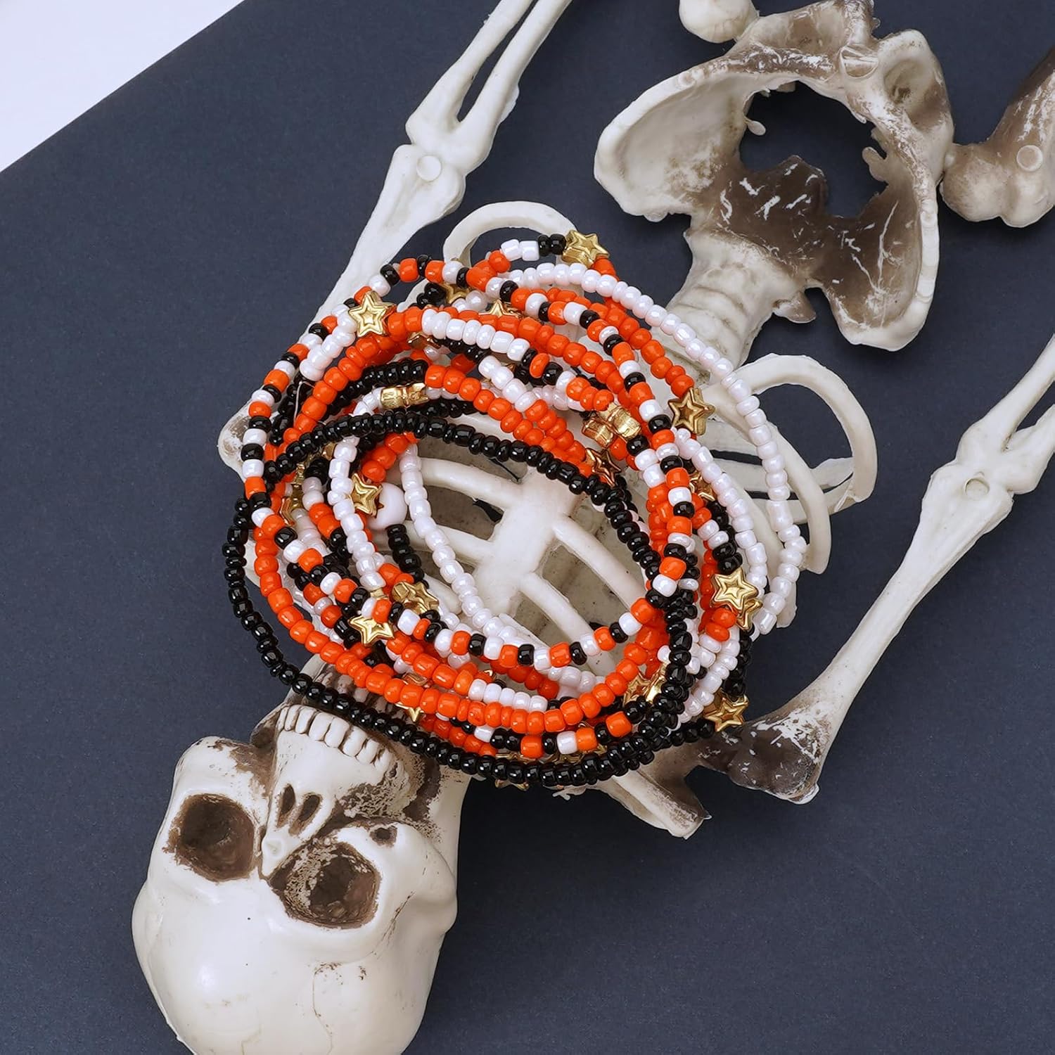 Ardorchid Halloween Bracelets for Women Pumpkin Ghost Steleton Bat Skull Beaded Stackable Stretchy Bracelet Rugby Thanksgiving Christmas Heishi Bracelets