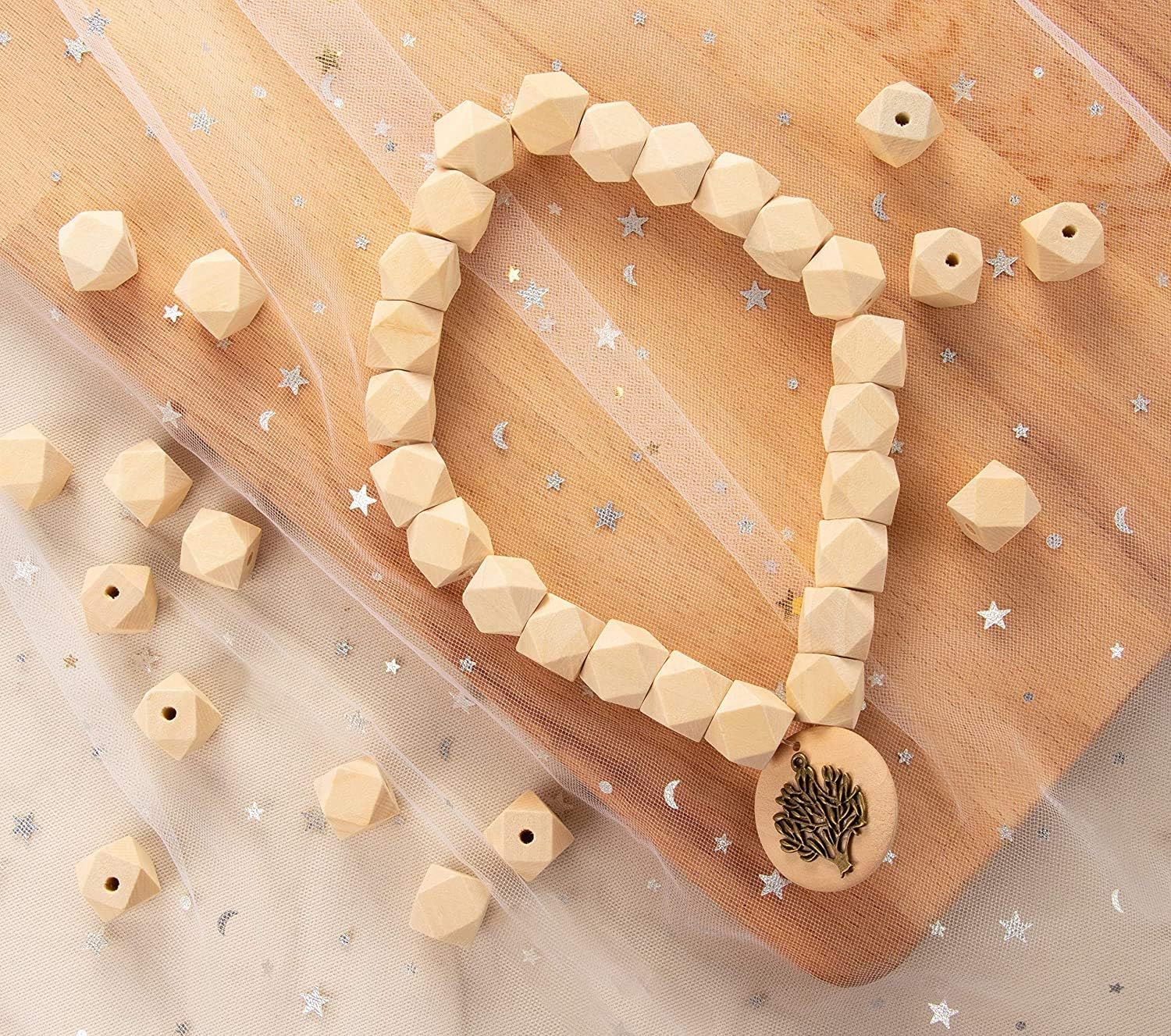 Unfinished Wood Beads, Geometric Wooden Beads for Garland Macrame Farmhouse Decor Jewelry Crafts, 50 Pieces