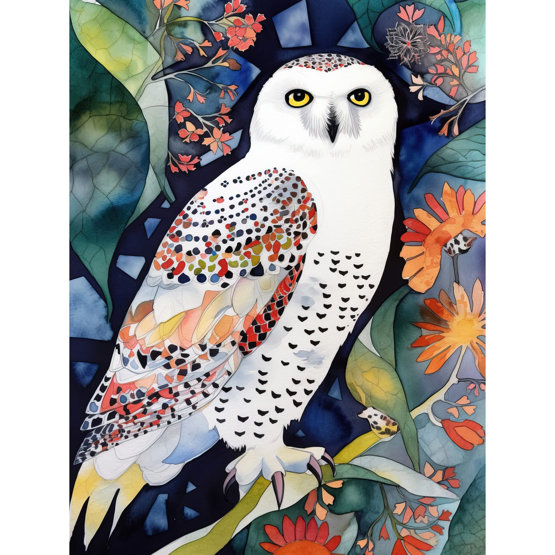 Artery8 Snowy Owl On Blooming Tree Folk Art Large Wall Art Poster Print Thick Paper 18X24 Inch