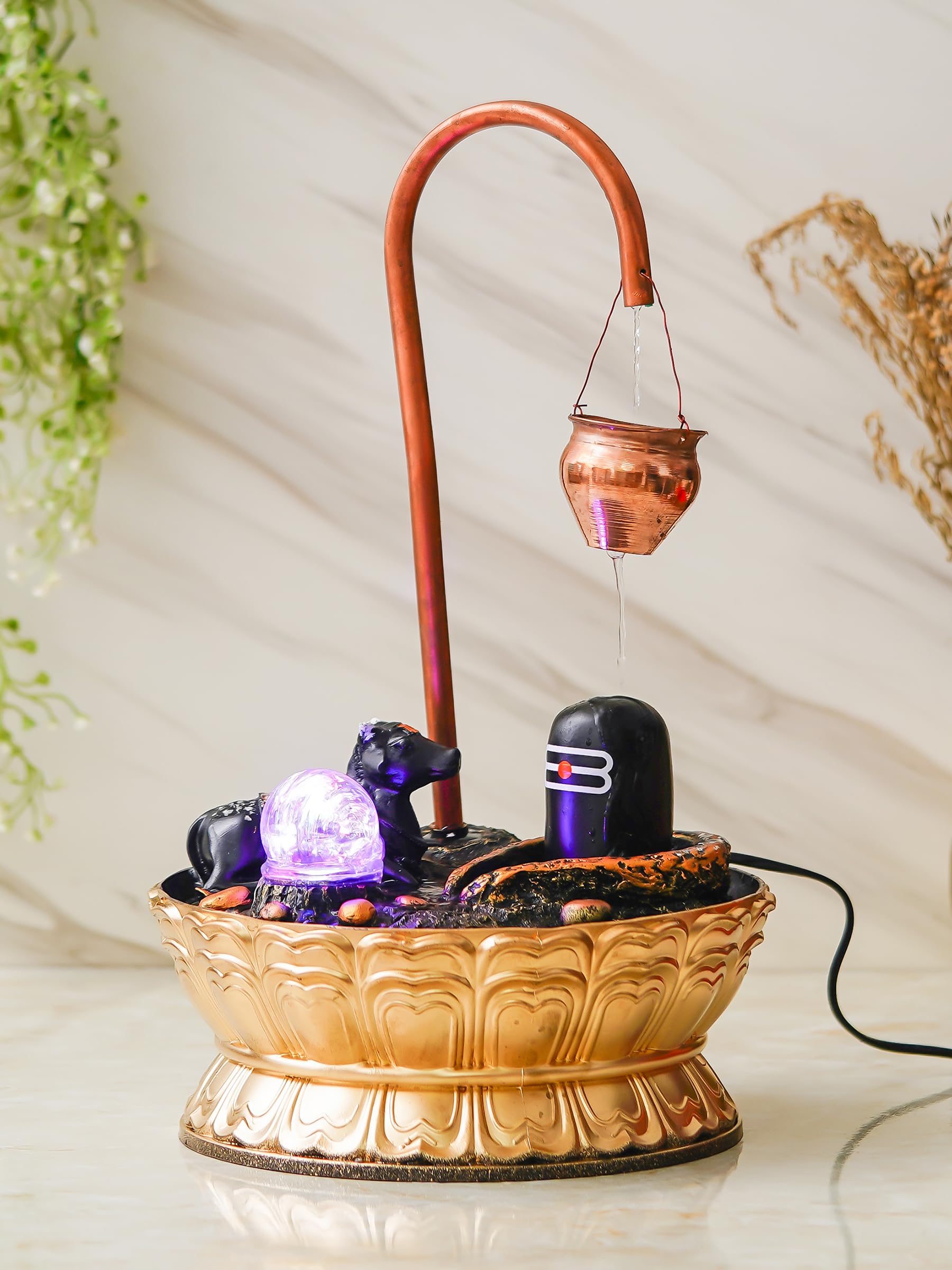 CHRONIKLE Copper Metal Shivling with Nandi Tabletop Indoor Water Fountain with Crystal Ball and LED Light for Home Decor (28 x 28 x 46 CM : Color - Copper | Weight - 1380)