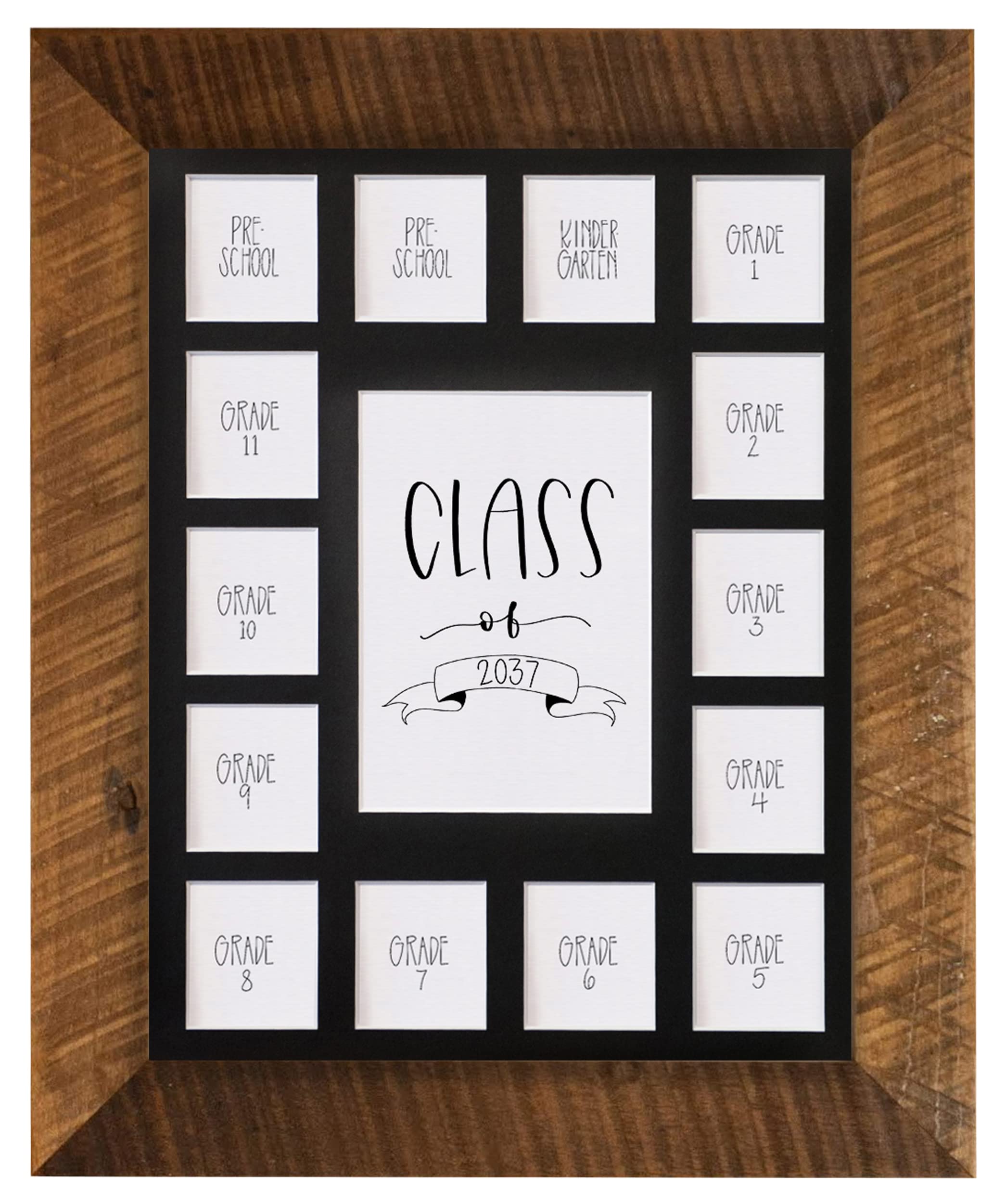 Rustic Red Door Co. School Years Reclaimed Wood Picture Frame with Mat - 11x14 Wooden Framed 15 Photo Collage Mat Pre-School &amp; Kindergarten to 12th Grade (Class of 2037, Black)