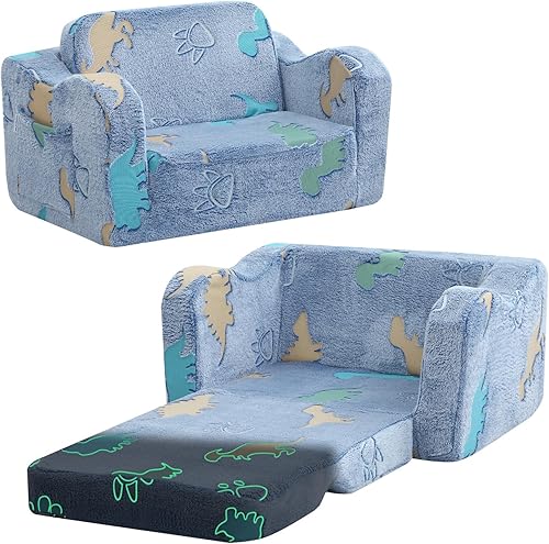 Miniatura 91 de MeMoreCool Sofá de dinosaurio para niños, silla plegable para niños pequeños, sofá cama convertible que brilla en la oscuridad, salón plegable para